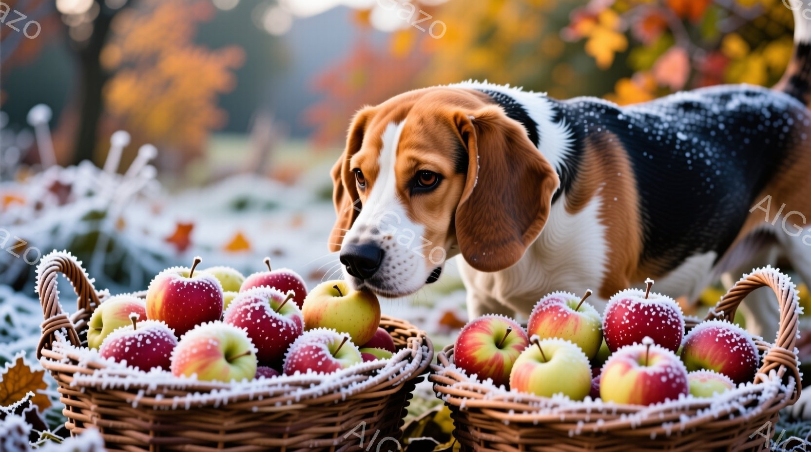 鮮やかな赤いリンゴが盛られた2つの編み込みバスケットが前景にあり、そのすぐそばでビーグル犬が鼻を近づけてリンゴの匂いを嗅いでいます。背景には、秋の紅葉の木々とぼやけた自然の風景が広がっており、薄い霜が - AI生成フリー素材