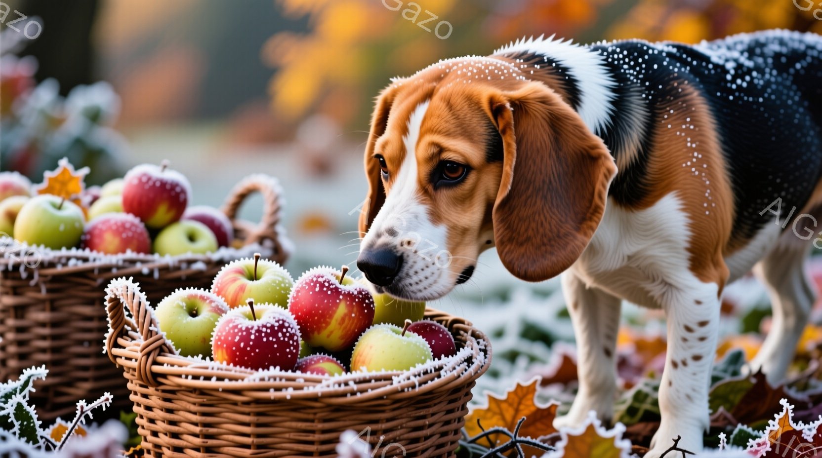 リンゴの入ったバスケットと、それを嗅ぐビーグル犬が写っています。犬は白、黒、茶色の毛並みで、興味深そうにバスケットを見つめています。背景は秋の落ち葉と霜で覆われており、冷たい空気と暖かなリンゴの香りが - AI生成フリー素材