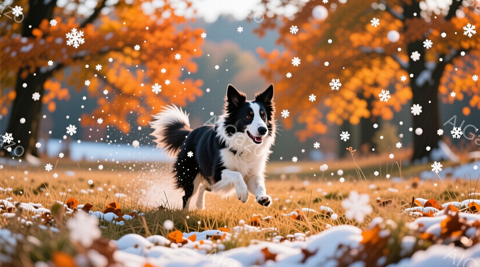白と黒のボーダーコリーが、秋の黄金色の草原を勢いよく駆けている。背景にはぼやけた木々と、落ち葉が舞い散る様子が見られ、暖かく、活気のある秋の日の雰囲気を伝えている。犬は口を開け、楽しげな表情で走り、そ - AI生成フリー素材
