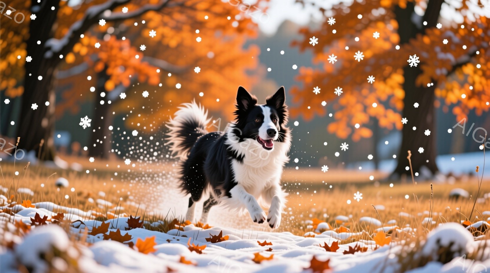 黒と白のボーダーコリーが、落ち葉が舞う草原を勢いよく駆けている。犬は口を開けて楽しそうに走り、その表情は喜びで満ち溢れている。背景には、秋色の鮮やかな木々と、わずかに見える雪が散らばり、暖かく活気に満ちた雰囲気を作り出している。