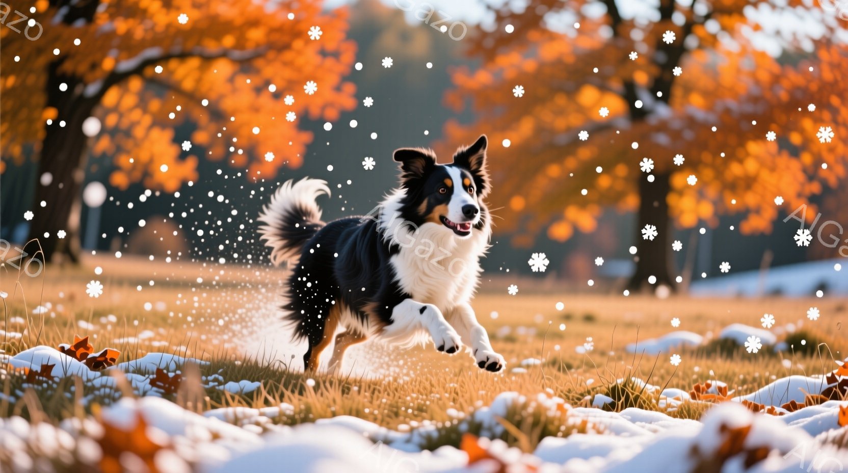 黒と白のボーダーコリーが、秋の草地を力強く走り抜けている。背景には、オレンジ色と黄色の葉が茂った木々がぼやけ、暖かく穏やかな秋の日の光が差し込んでいる。落ち葉やわずかな雪が地面に散らばり、犬の躍動感と - AI生成フリー素材