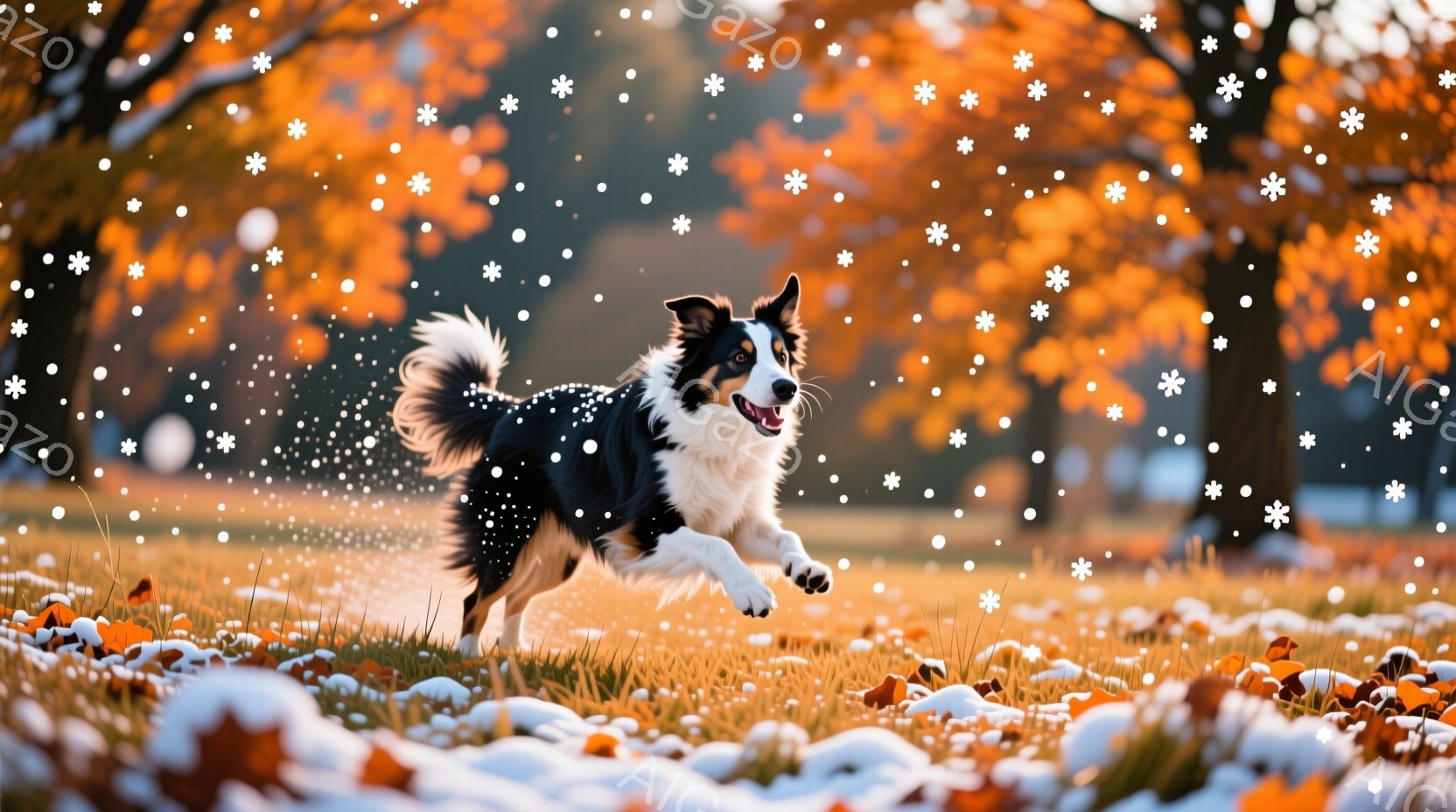 黒と白のボーダーコリーが、秋の草地を勢いよく駆けている。背景には鮮やかな紅葉の木々と、降り積もる落ち葉が見られ、暖かい光に照らされた秋の風景が広がっている。犬は嬉しそうに舌を出し、活気に満ちた躍動感の - AI生成フリー素材