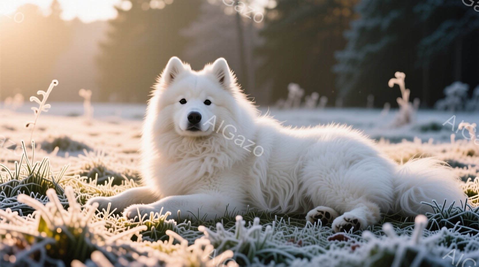 白い毛並みの大型犬が、霜が降りた草の上に横たわっています。犬は前足を伸ばし、リラックスした様子でカメラの方を見ており、その表情は穏やかです。背景にはぼやけた木々が見え、全体的に静かで冷たい冬の朝の雰囲気が漂っています。