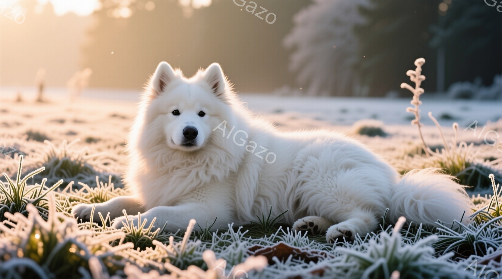 白くふわふわとした毛並みのシベリアンハスキーが、霜で覆われた草の上に横たわっています。犬はリラックスした表情で、穏やかな光が犬の毛並みを照らし出しています。背景にはぼやけた自然の風景が広がり、冷たい空 - AI生成フリー素材