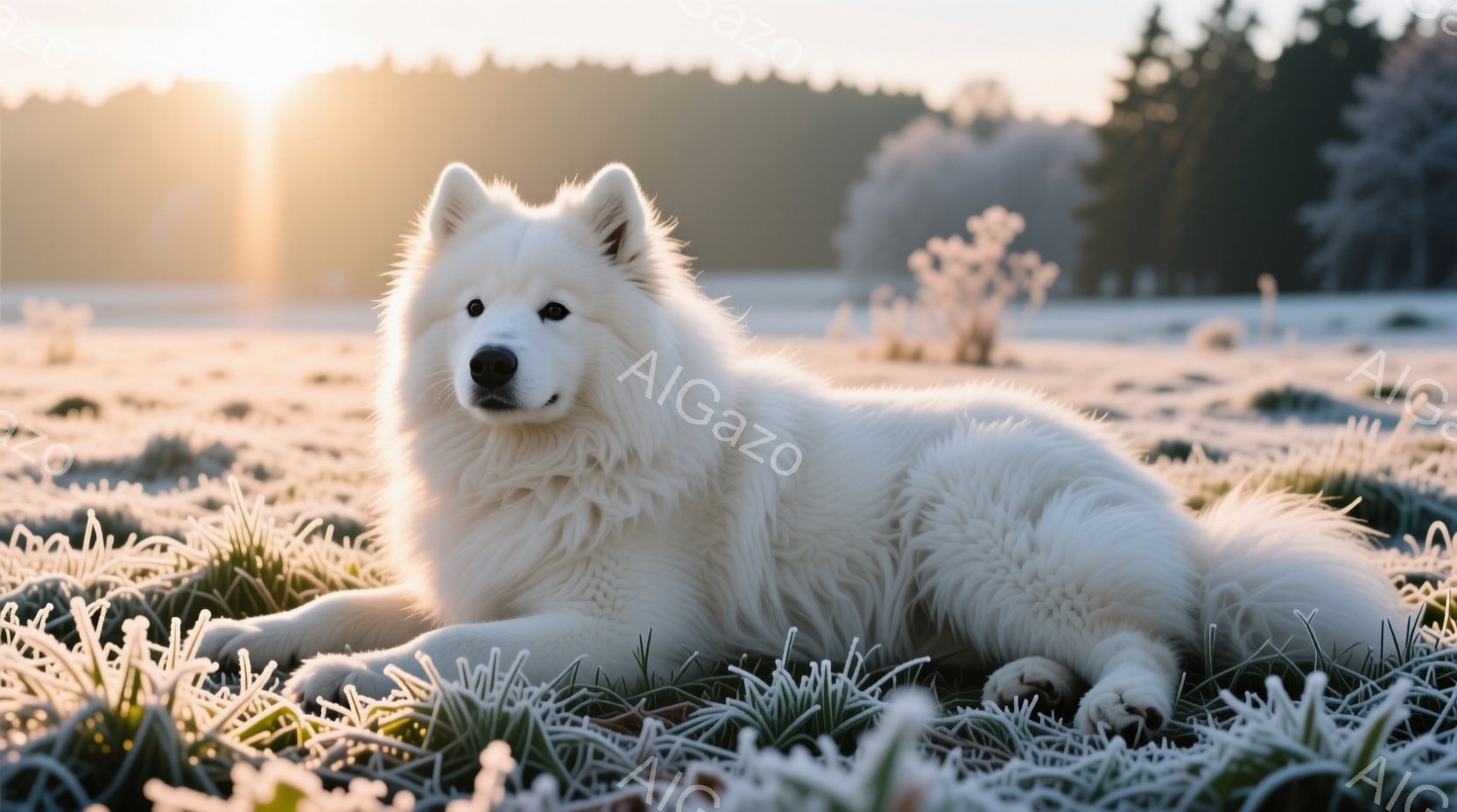 白い毛並みの大型犬が、霜で覆われた草原に横たわっています。犬はリラックスした表情で、穏やかな視線をこちらに向けています。背景にはぼやけた木々と、朝日が差し込む冬の風景が広がっており、静かで幻想的な雰囲 - AI生成フリー素材