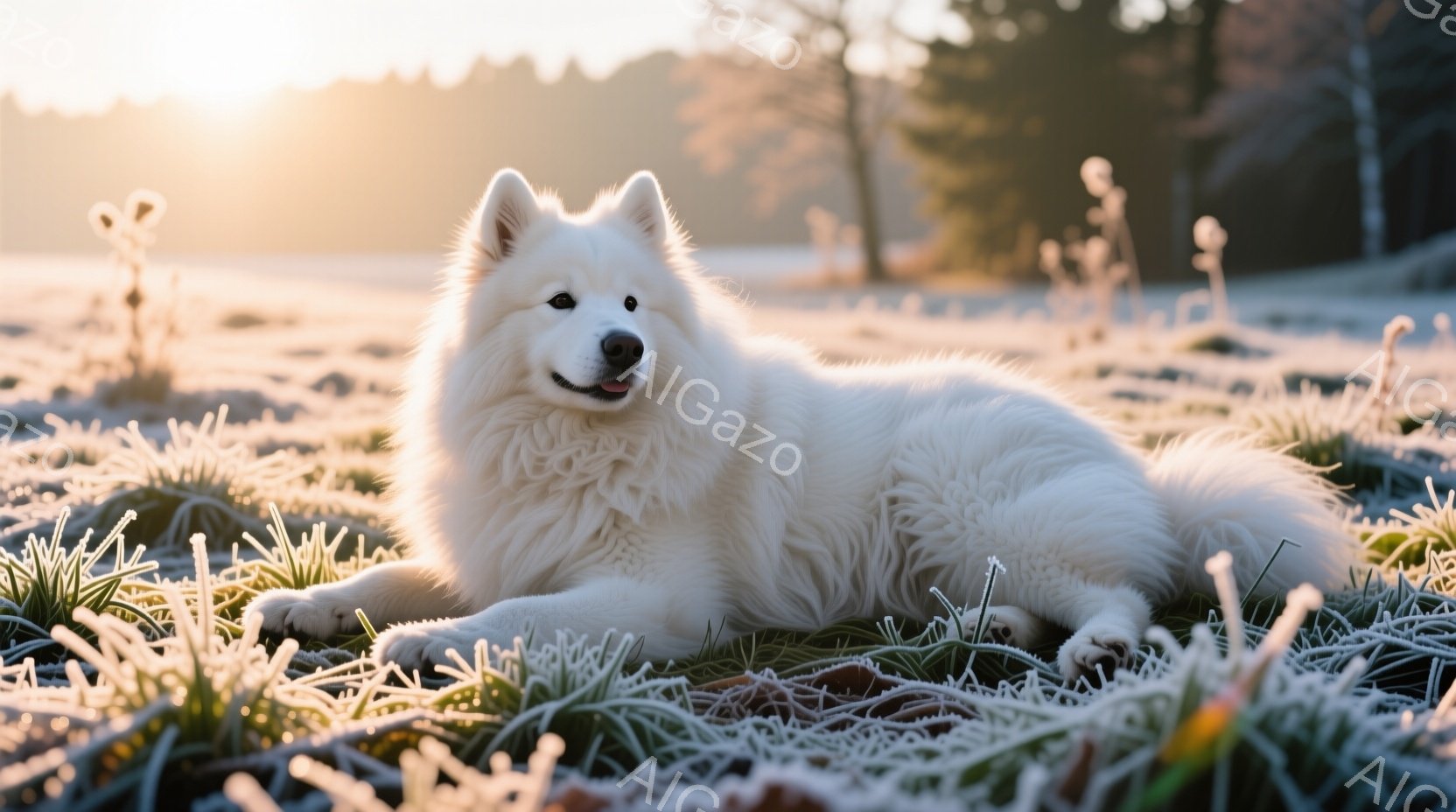 白い毛並みの大きな犬が、霜で覆われた草の上に横たわっています。犬はリラックスした表情で、穏やかな眼差しをカメラに向けています。背景には木々が見え、朝日の光が差し込み、静かで穏やかな冬の雰囲気を醸し出し - AI生成フリー素材