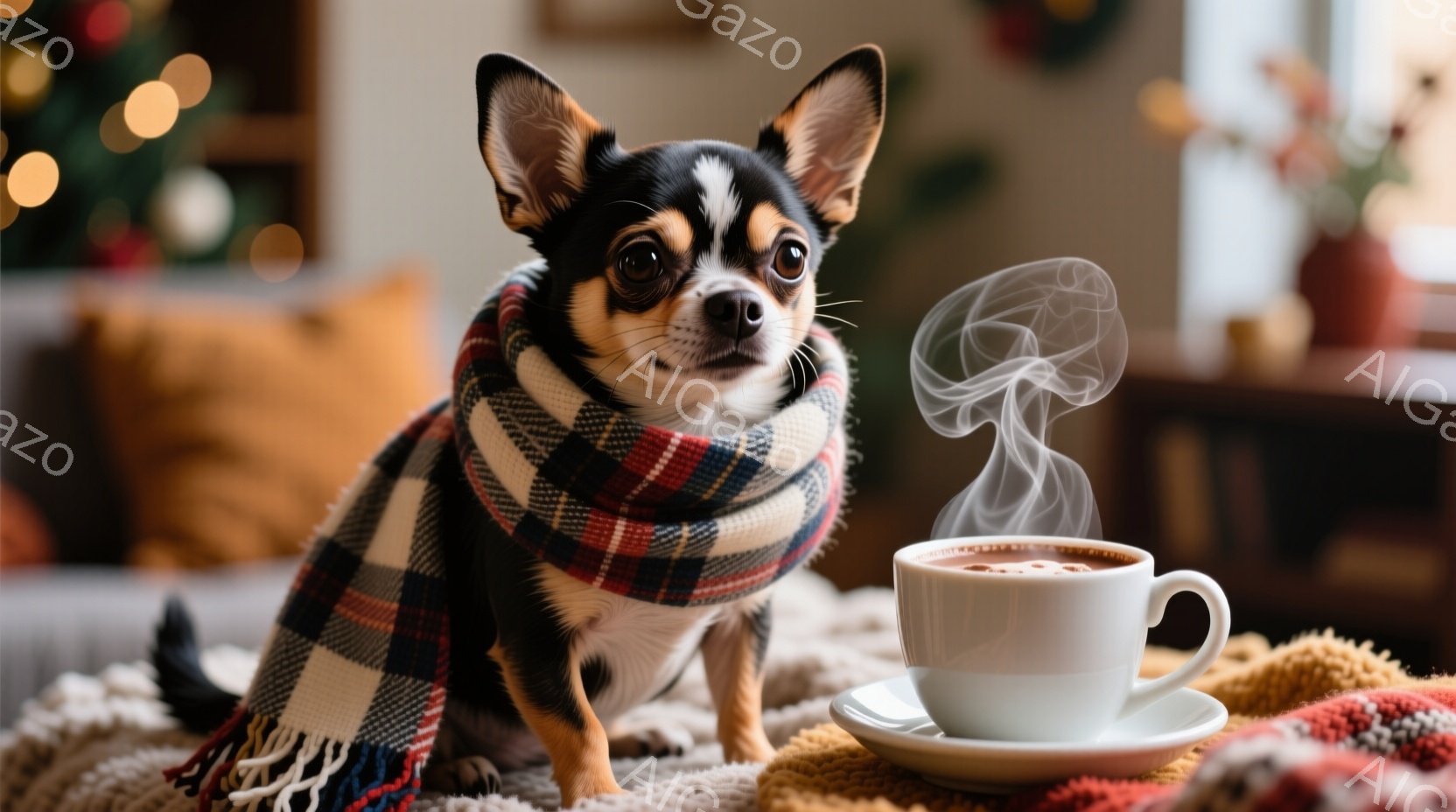 小さなチワワが、赤と白のチェック柄のスカーフを首に巻いて座っています。その表情は少し控えめで、どこか物憂げです。背景にはぼやけた暖炉とクリスマスの装飾が見え、温かく穏やかな冬の雰囲気を醸し出しています - AI生成フリー素材