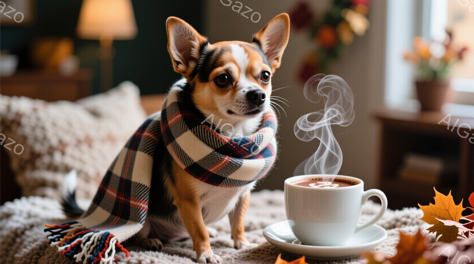 小さなチワワが、チェック柄の暖かいスカーフを首に巻き、穏やかな表情で座っています。背景には、秋らしい紅葉の葉と、湯気が立ち上る白いカップ＆ソーサーがあり、暖かく居心地の良い雰囲気を作り出しています。全体的に、秋の日の穏やかさとペットへの愛情を感じさせる、可愛らしい光景です。