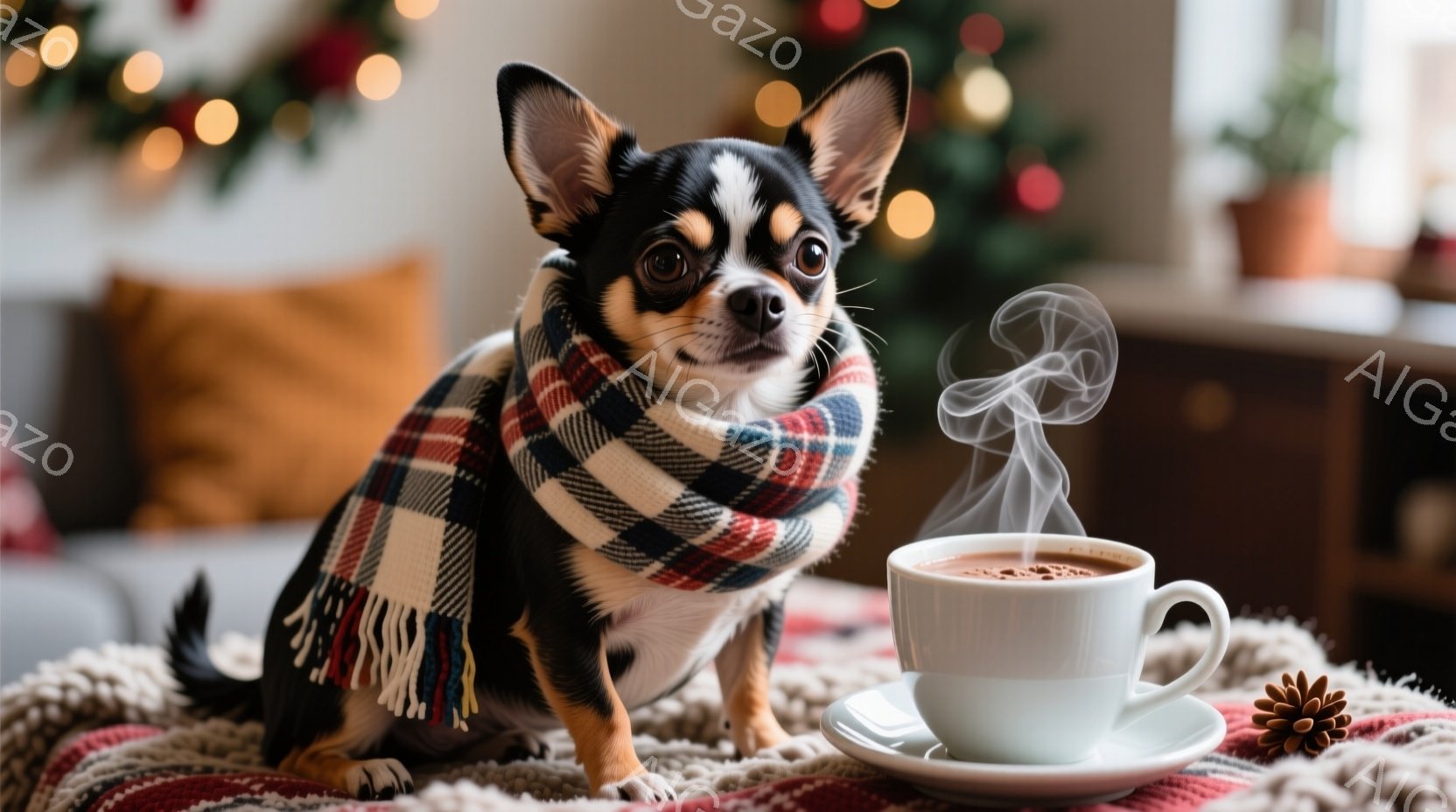 小さなチワワが、赤、白、黒のチェック柄のマフラーを巻いて、ふわふわの赤いブランケットの上に座っています。犬は正面を見ており、少し困ったような表情をしています。背景にはクリスマスの飾り付けがあり、温かみのある雰囲気で、白い湯気が立ち上るマグカップが犬の横に置かれています。
