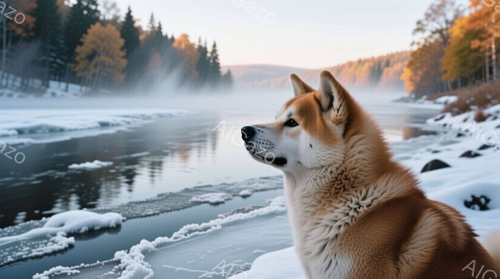 赤褐色の秋田犬が、雪と氷に覆われた川辺で横を向いて立っている。犬は遠くを見つめ、凛々しい表情で、冬の風景の中に佇んでいる。背景には雪をまとった木々と、朝焼けの空が広がり、静寂で美しい雰囲気を醸し出して - AI生成フリー素材