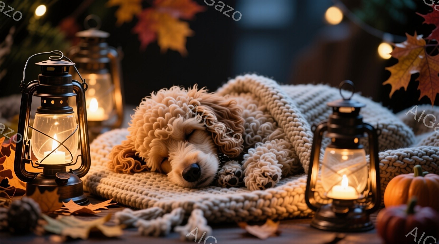 ふわふわのクリーム色の犬が、ざっくり編まれたベージュの毛布に包まれて眠っています。周りにはオレンジと赤の紅葉、小さなカボチャ、そして灯りが灯されたアンティーク風のランタンが置かれ、温かく穏やかな秋の雰 - AI生成フリー素材