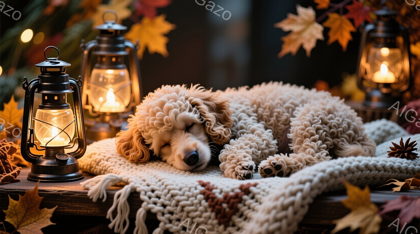 温かい光に包まれた、クリーム色の巻き毛の犬が、厚手の編み物のブランケットの上で安らかに眠っています。周囲には、赤や黄色の落ち葉や松ぼっくりが散りばめられ、秋の趣を感じさせます。背景にはぼんやりと光る装 - AI生成フリー素材