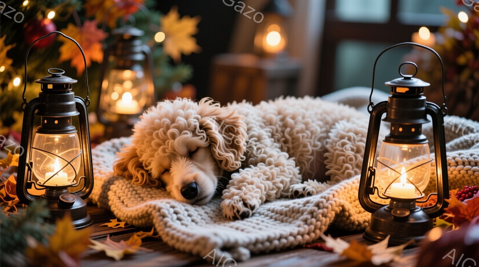 白い巻き毛の犬が、ざっくりとした編み物の毛布の上で丸まって眠っています。周囲には、秋らしい紅葉や赤い実、そして点灯したランタンが配置され、温かく穏やかな雰囲気を醸し出しています。木製のテーブルの上で、 - AI生成フリー素材