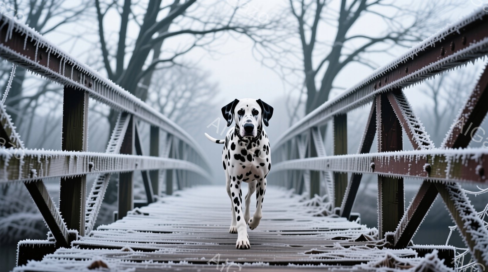 白地に黒い斑点模様のダルメシアンが、霜で覆われた木製の橋の中央を向かって走っている。背景は霧に包まれた冬の森で、霜が枝に付着しており、全体的に冷たく静謐な雰囲気を醸し出している。ダルメシアンは活発で楽 - AI生成フリー素材