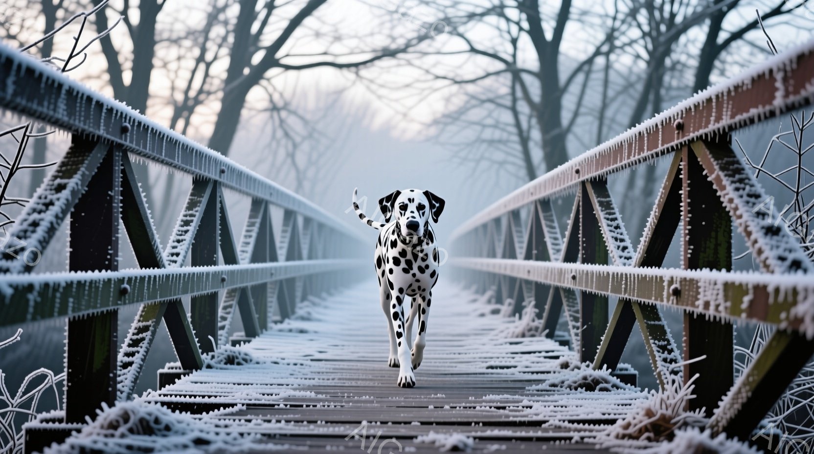 白地に黒い斑点模様のダルメシアンが、霜で覆われた木製の橋の中央をまっすぐ歩いている。橋の金属製の柵も霜で覆われ、背景にはぼやけた冬の森が広がり、冷たく静謐な雰囲気を醸し出している。全体的に白とグレーの - AI生成フリー素材