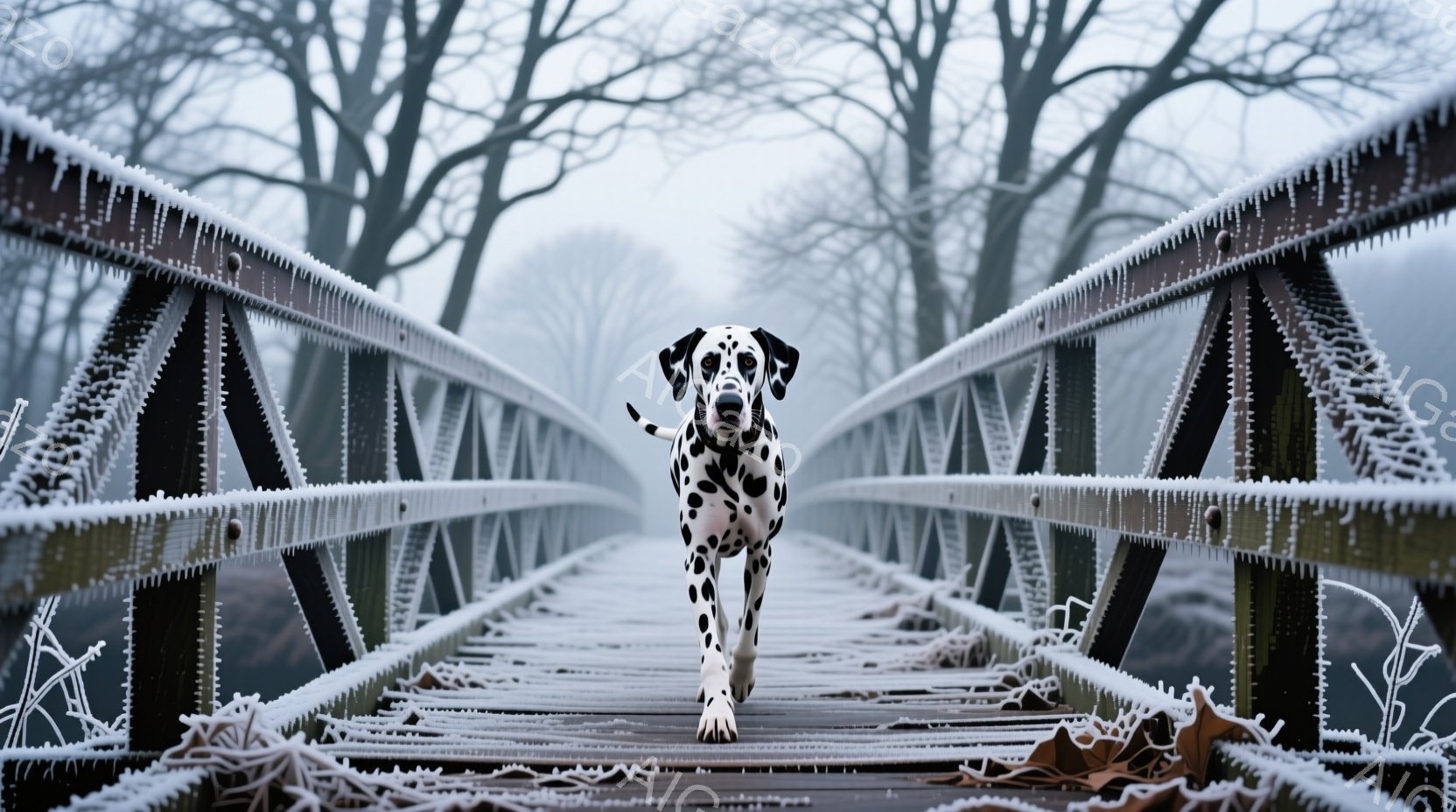 白地に黒い斑点模様のダルメシアンが、霜で覆われた金属製の橋の中央をまっすぐこちらに向かって歩いてくる様子が捉えられています。橋の金属部分には厚い霜が降りており、背景には霧のかかった木々がぼんやりと見え - AI生成フリー素材