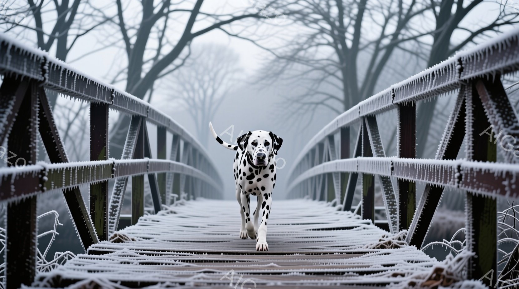 白黒の斑点模様を持つダルメシアンが、霜で覆われた木製の橋の中央を堂々と歩いている。背景は霧に包まれた冬の森で、橋の構造物も厚い霜で覆われ、冷たく静寂な雰囲気を醸し出している。犬は前方をまっすぐ見つめ、 - AI生成フリー素材