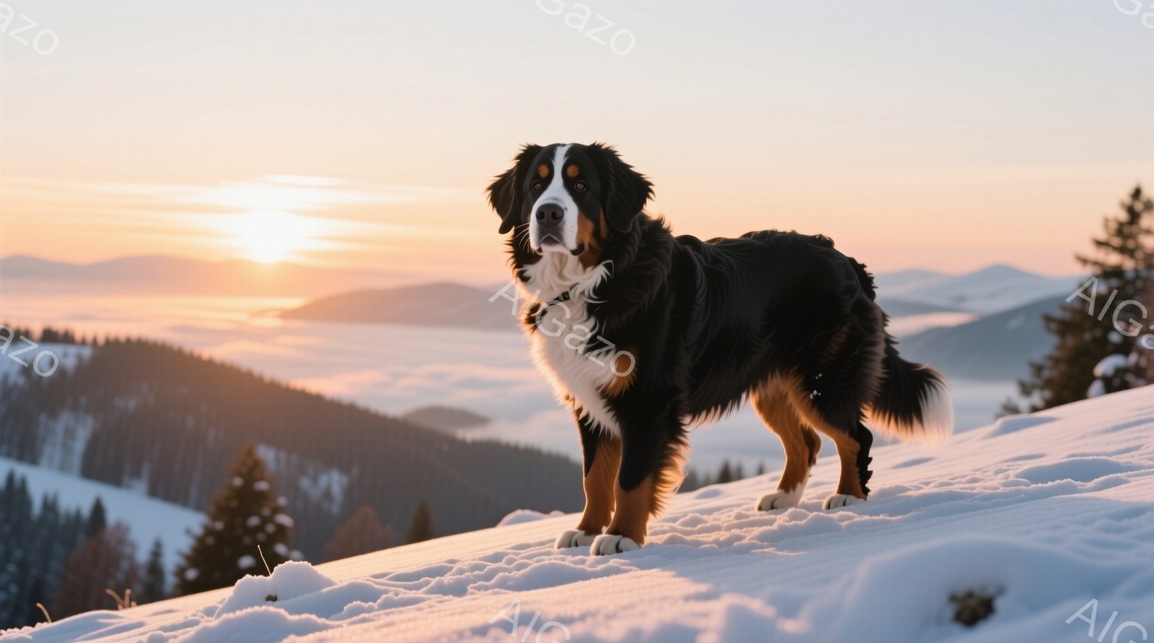 雪山の上で、黒と白の毛並みが美しい大型犬が立っている。太陽が沈みかける夕焼け空を背景に、犬は自信に満ちた表情で遠くを見つめている。周囲には雪に覆われた山々が広がり、静かで壮大な冬の景色が広がっている。 - AI生成フリー素材