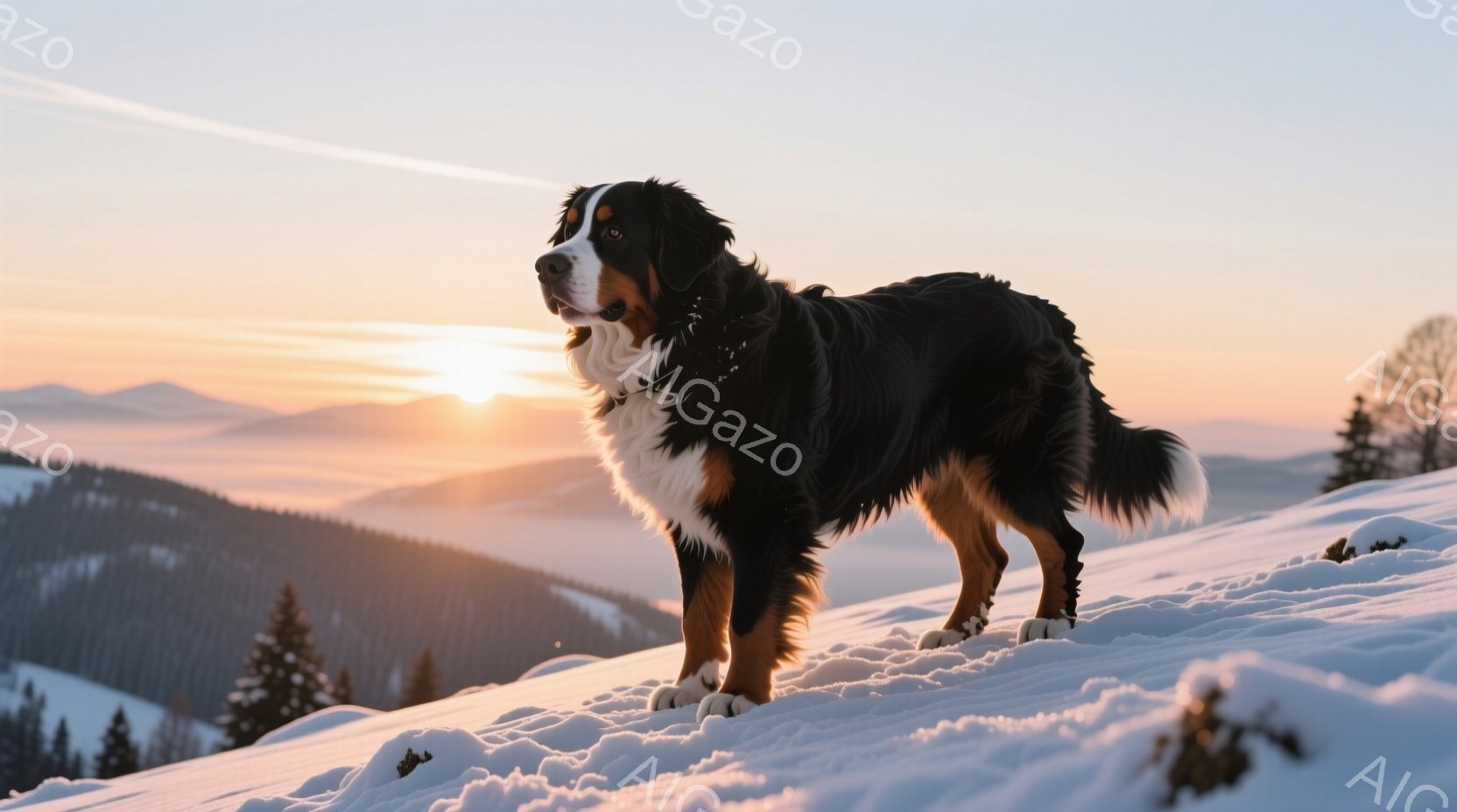 雪景色の中に、白黒模様のベルン山犬が凛々と立っている。夕焼けの柔らかな光が犬の毛並みを照らし、背景の山々を淡いオレンジ色に染めている。犬は自信に満ちた表情で遠くを見つめ、静かで荘厳な雰囲気を醸し出して - AI生成フリー素材