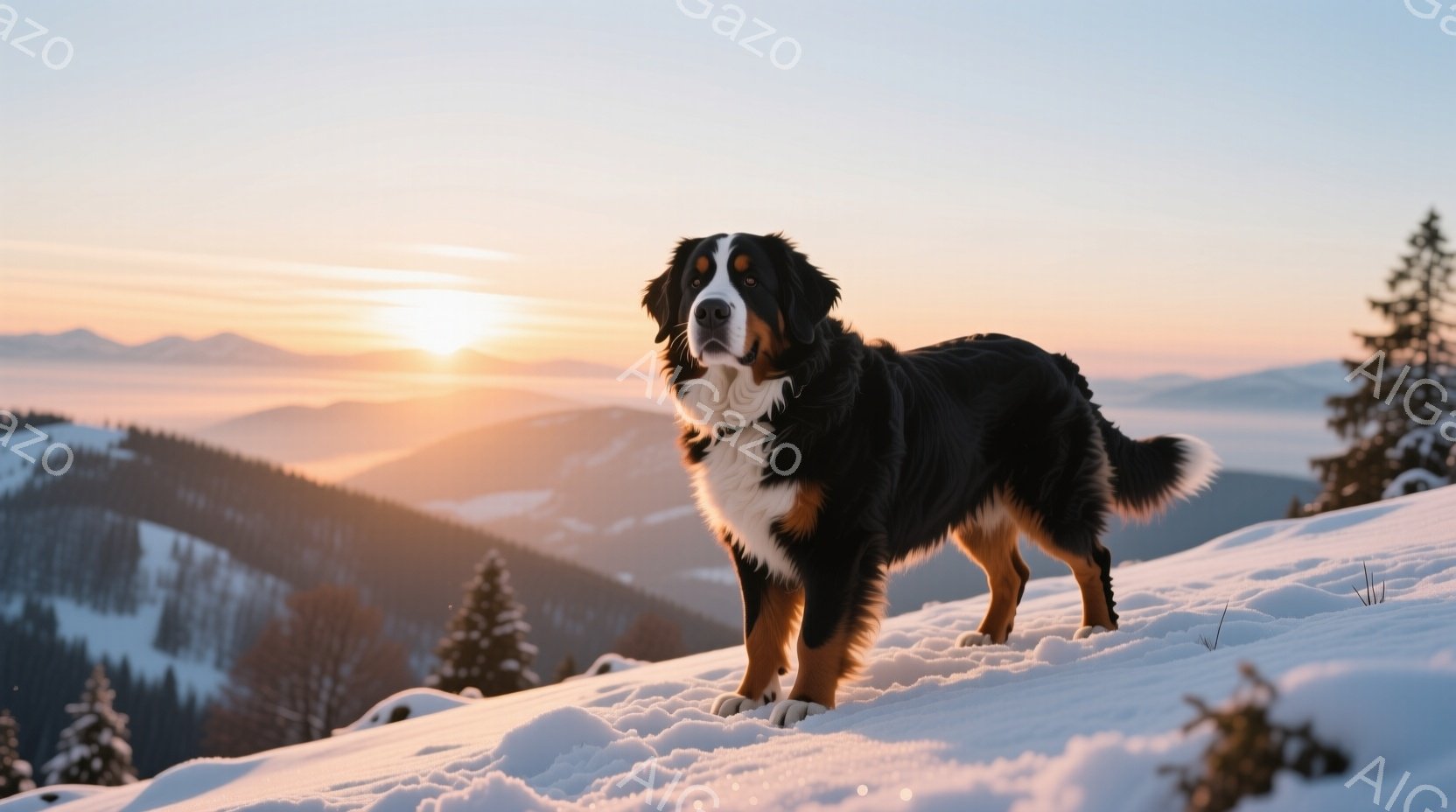 雪を背景に、美しいバーニーズ・マウンテン・ドッグが立っている。その毛並みは黒と白と茶色が混ざり合い、冬の景色に調和している。背景には、雪をまとった山々が広がり、夕焼けが空をオレンジ色に染め上げ、穏やか - AI生成フリー素材
