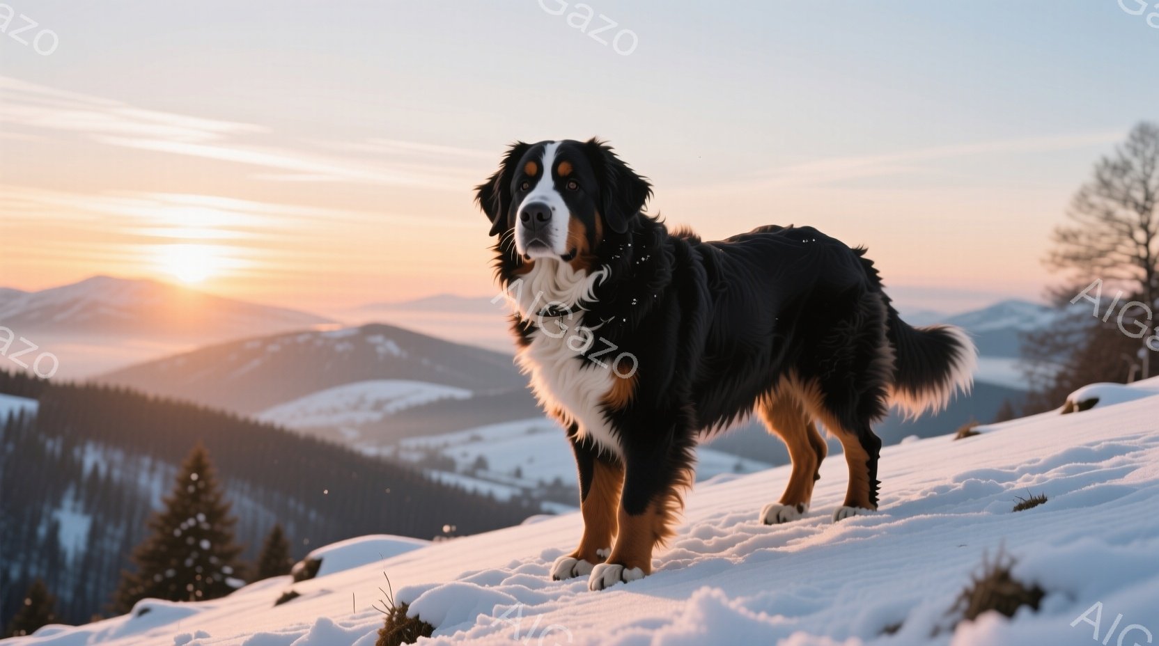 雪景色の中に、ベルン山犬が凛々と立っている。夕焼けのオレンジ色がかった光が犬の毛並みを照らし、周囲の雪山を暖かく染めている。犬は少し誇らしげな表情で、遠くを見つめている。