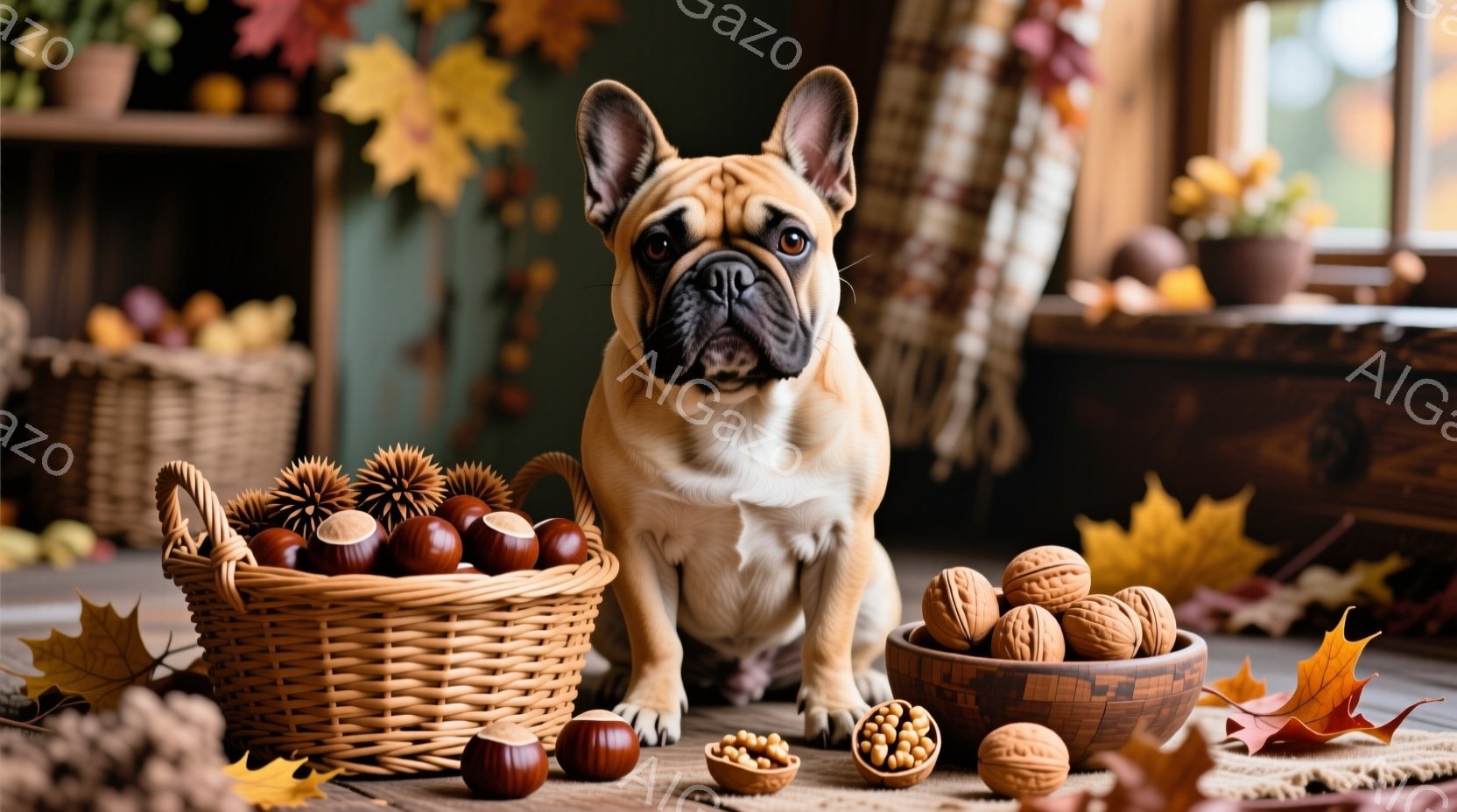 明るい茶色のフレンチブルドッグが座って正面を見ています。周囲には、栗やクルミが盛られたバスケットや木製のボウルが置かれ、落ち葉が散らばっています。背景には、棚や植物が見え、全体的に秋の暖かく穏やかな雰 - AI生成フリー素材