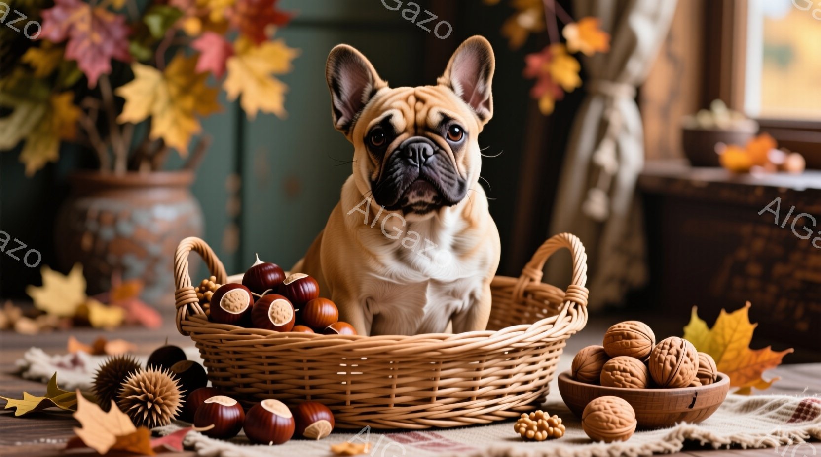 明るい茶色のフランスブルドッグが、栗やどんぐりがたくさん入った編み込みのバスケットの中に座っています。背景には、秋らしい紅葉の装飾と、木製のボウルに入ったさらに多くのどんぐりが見え、暖かく穏やかな秋の雰囲気が漂います。犬は正面をまっすぐ見つめており、好奇心と穏やかさを感じさせる表情をしています。