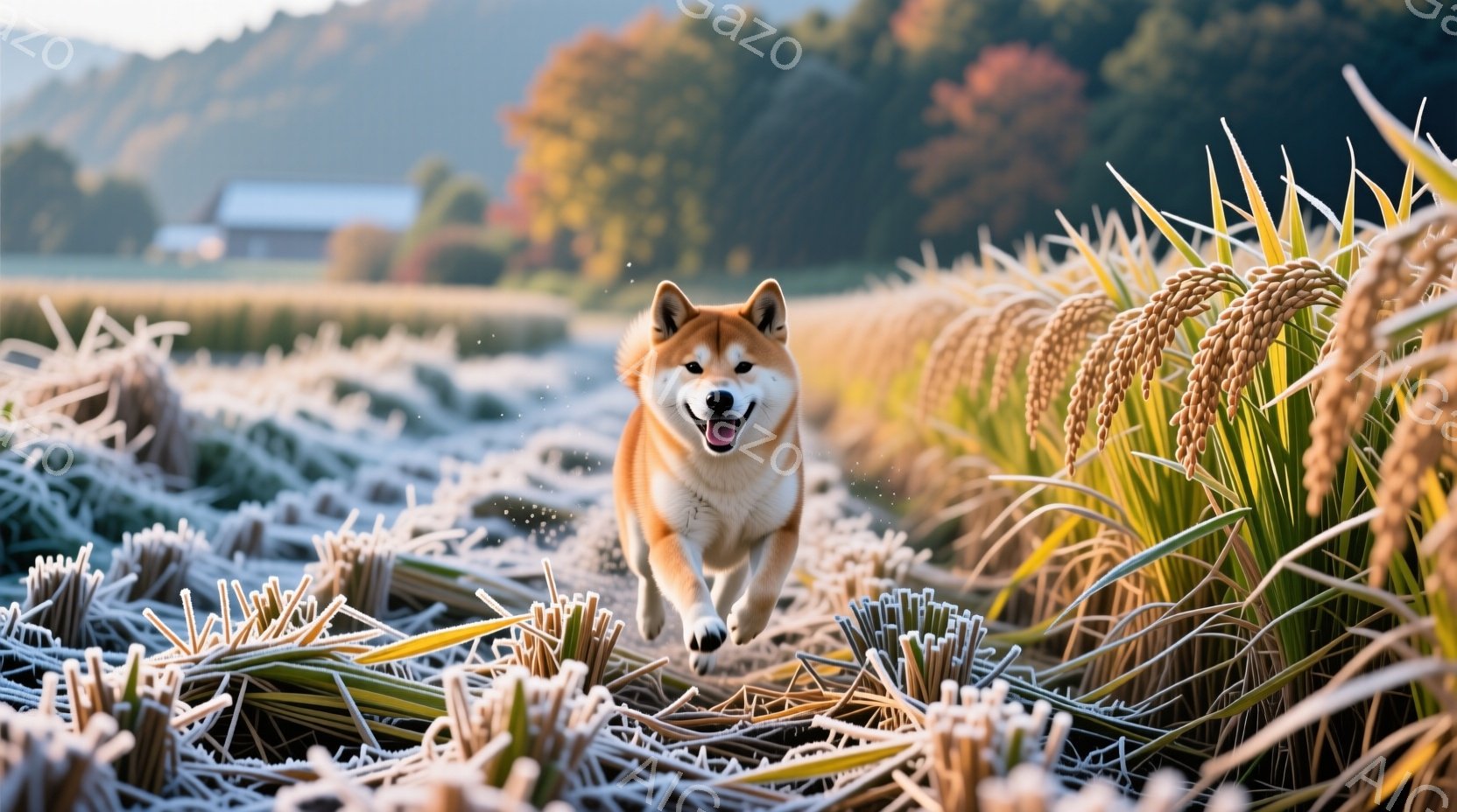 黄金色に輝く稲穂畑の中を、柴犬が勢いよく駆けている。犬は口を開けて楽しそうに笑い、その表情は喜びで満ち溢れている。背景には、鮮やかな紅葉の木々と、遠くに見える農家のような建物があり、秋の穏やかな雰囲気 - AI生成フリー素材