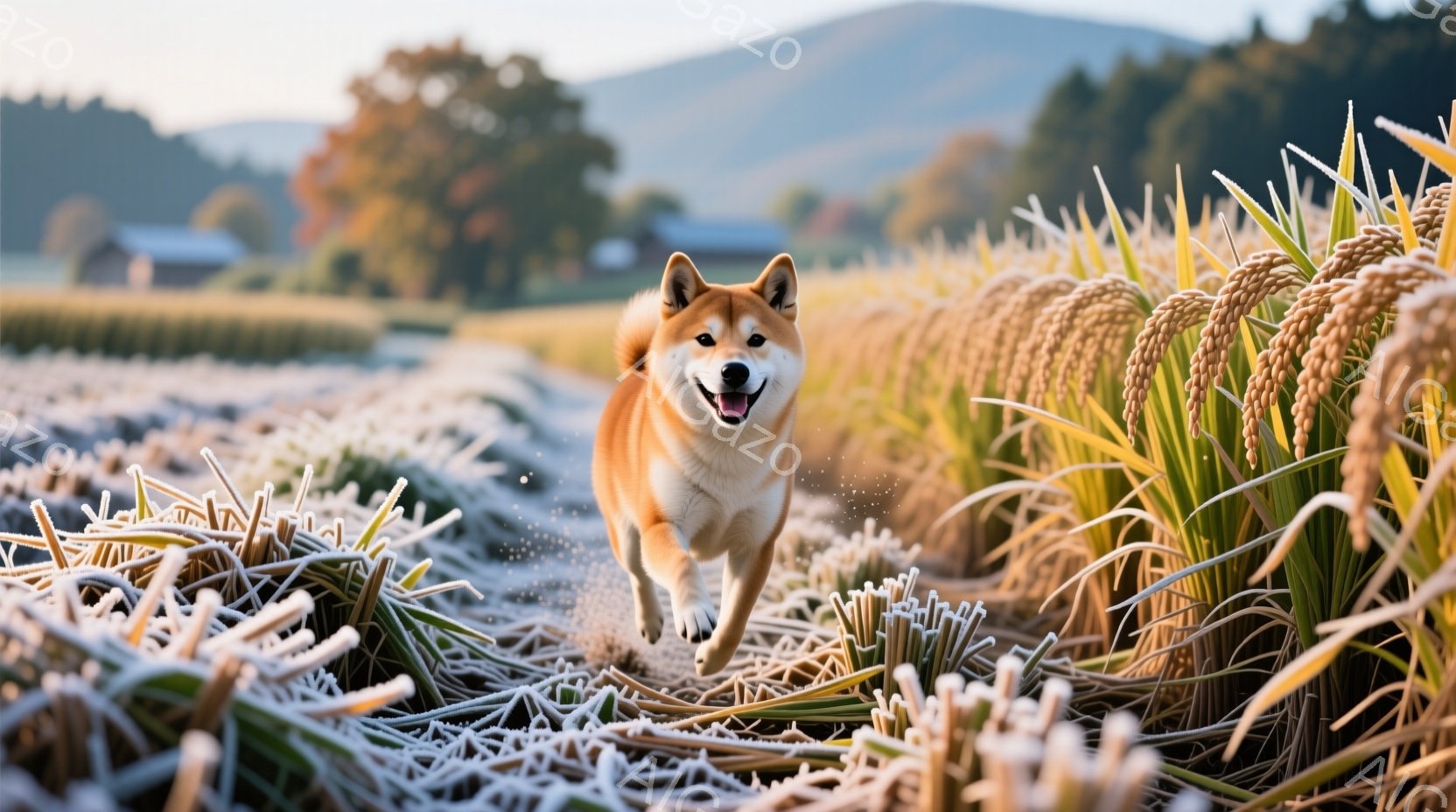 柴犬が黄金色の稲穂畑を駆け抜けている。犬は口を開けて笑顔を見せ、躍動感に満ちた姿勢で疾走している。背景には、遠くの山々と、まだ霜が残る田園風景が広がり、秋の爽やかな朝の雰囲気を醸し出している。 - AI生成フリー素材