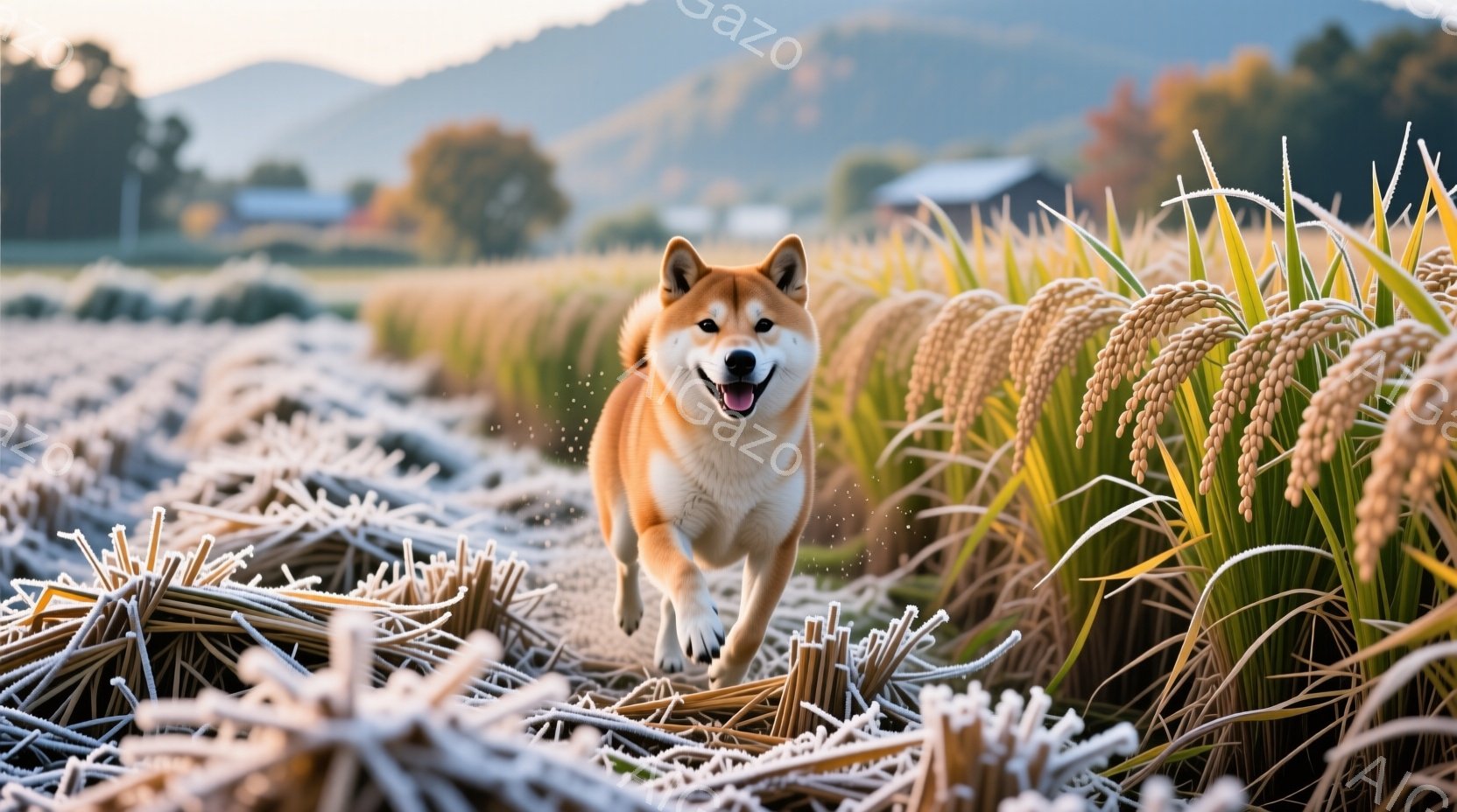 鮮やかなオレンジ色の柴犬が、刈り取られた稲穂が並ぶ田んぼの中を駆けている。犬は口を開け、嬉しそうに舌を出し、活気に満ちた表情をしている。背景には、緑豊かな山々と穏やかな空が広がり、朝の光が差し込み、暖かく、のどかな雰囲気を醸し出している。