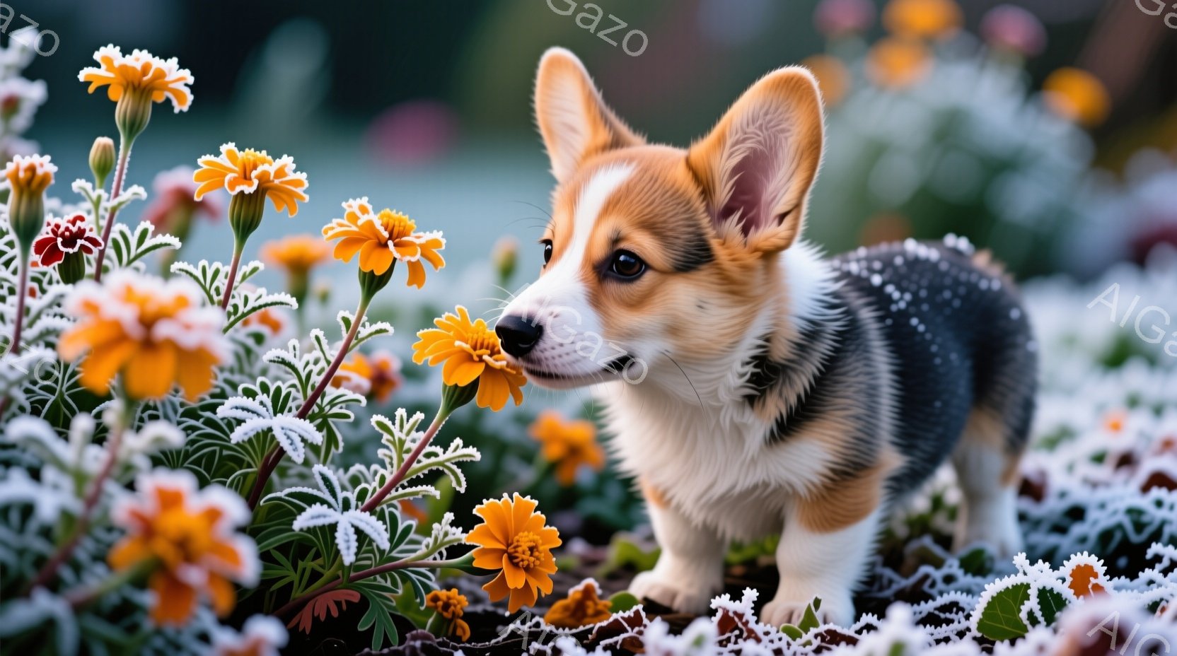 短毛のコーギー犬がオレンジ色の花の間で鼻を近づけています。犬は白と茶色の毛並みで、鋭い眼差しで花を調べているようです。背景には、白く小さな花が広がり、全体的に柔らかく暖かみのある雰囲気を醸し出しています。