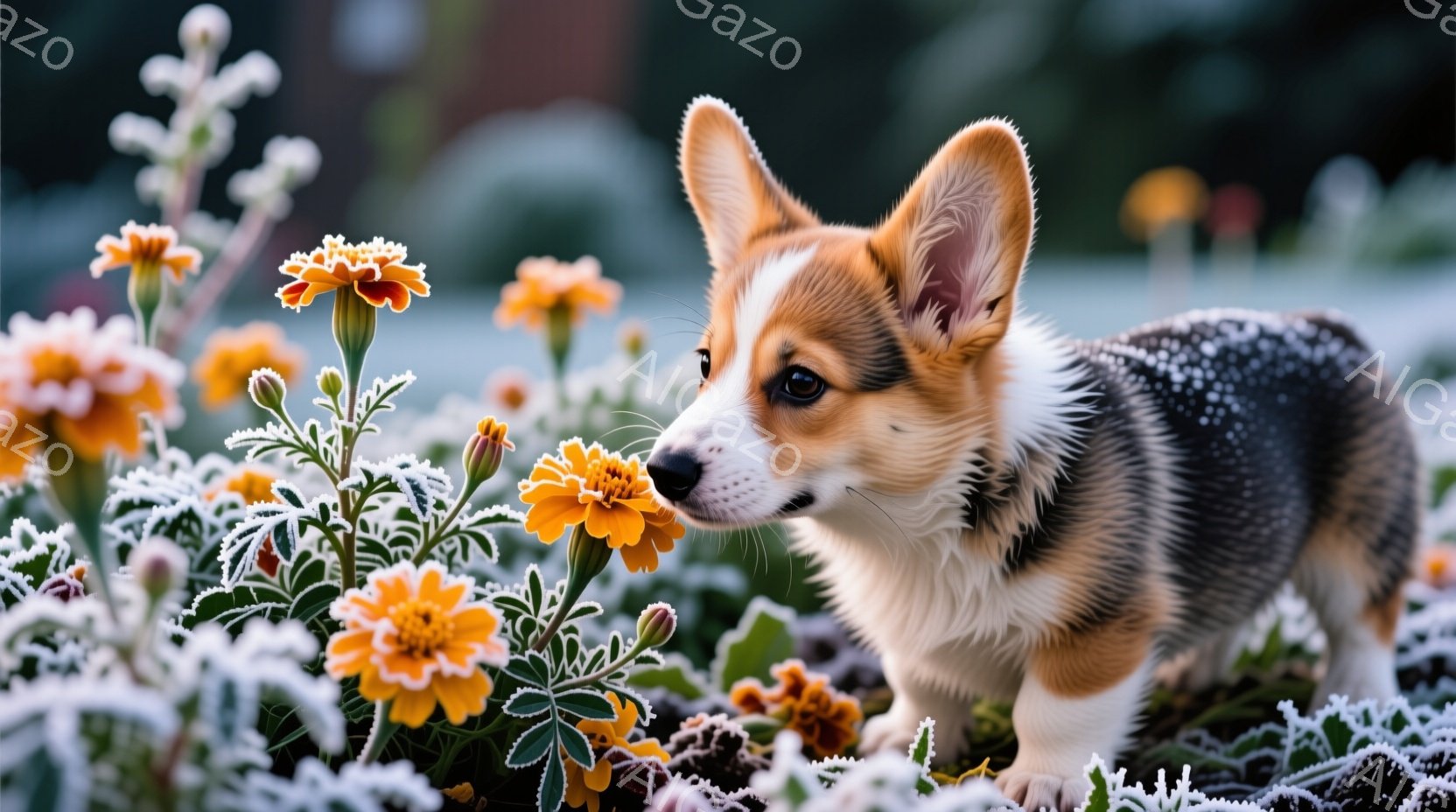コルギの子犬がオレンジ色の花の中に鼻を突っ込んでいます。白い霜が花や草に付いており、冬の寒々とした雰囲気です。子犬は好奇心旺盛な表情で、花を嗅いでいる様子が可愛らしいです。