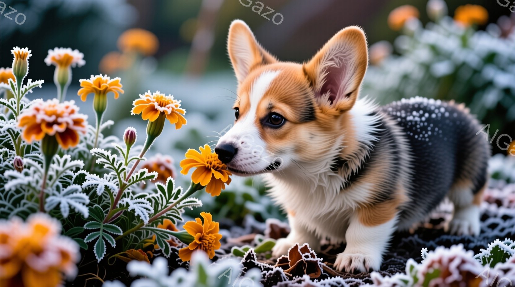 小さなコーギー犬がオレンジ色の花に鼻を近づけています。周りには白い霜が降りた植物が広がり、冬の冷たい空気を感じさせます。背景はぼやけており、花と犬が中心に映し出され、温かく優しい雰囲気を醸し出していま - AI生成フリー素材