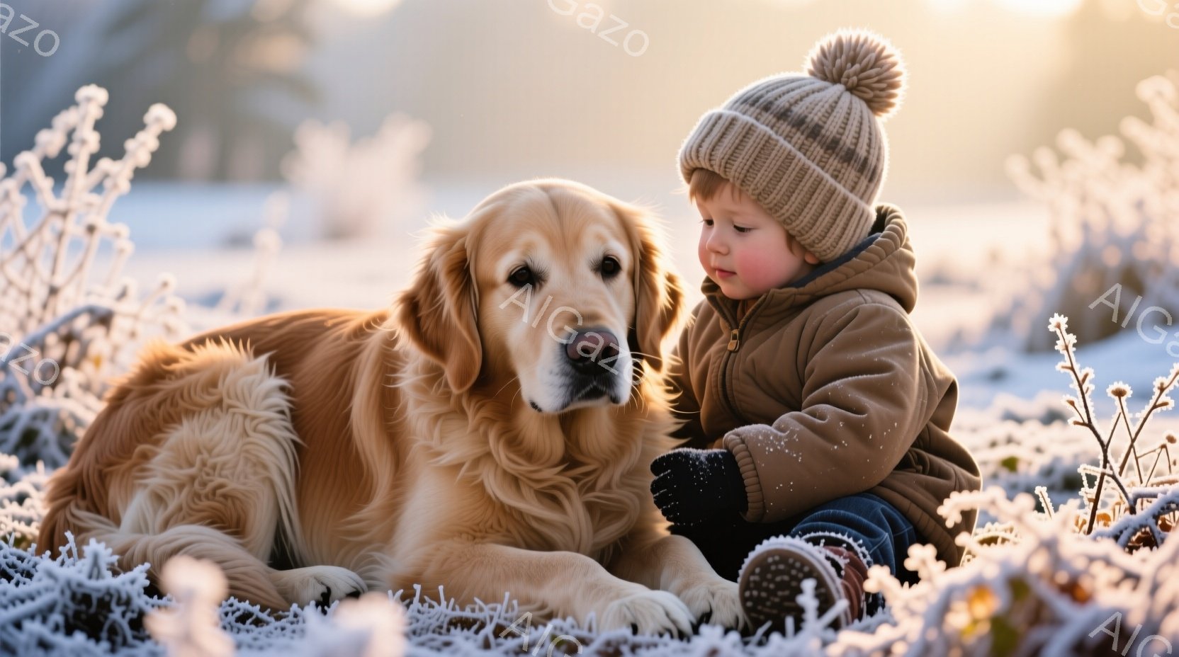 金色のレトリバーが雪に覆われた草の上に横たわり、幼い少年がその隣に座っています。少年はニット帽を被り、茶色のジャケットと黒の手袋を着用し、優しい表情で犬を見つめています。背景は白い雪景色で、凍った草木 - AI生成フリー素材