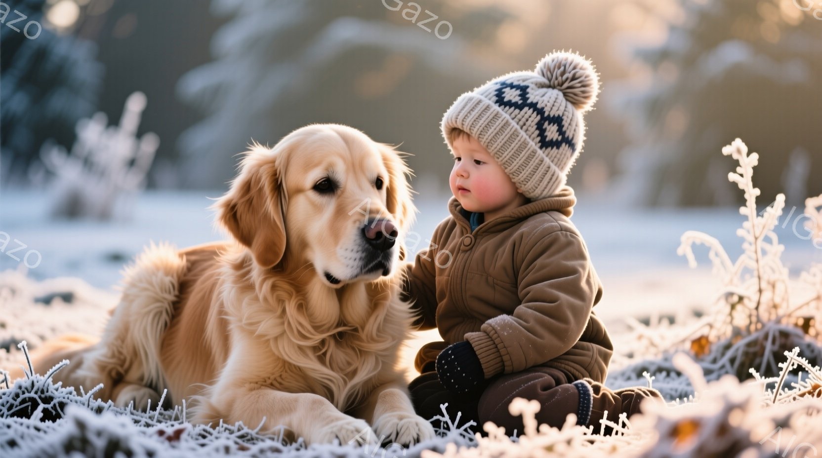 金色のレトリバーが雪に覆われた地面に横たわり、幼い男の子が隣に座っている。男の子はニット帽と茶色のジャケットを着ており、真剣な表情で何かを見つめている。背景は雪景色で、霜が降りた草木が広がり、穏やかで - AI生成フリー素材