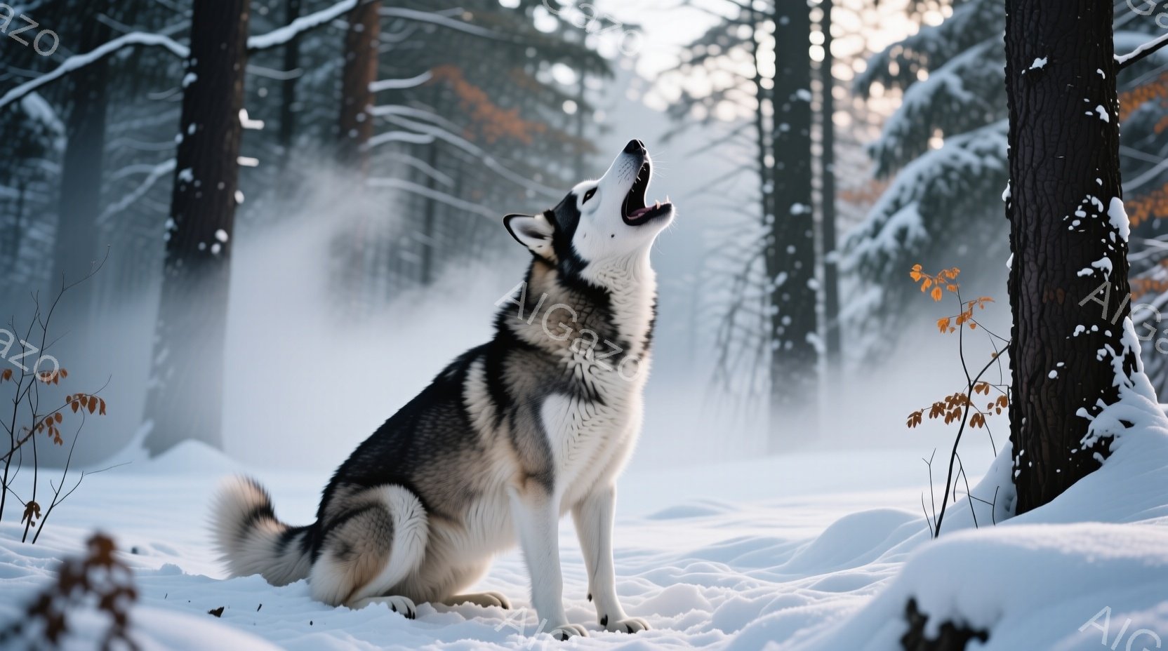 白と黒のシベリアンハスキーが雪景色の中で座り、口を開けて遠吠えをしています。背景には雪に覆われた木々が立ち並び、朝の光が差し込み、幻想的な雰囲気を醸し出しています。雪原と木々のコントラストが、冬の静寂と凛とした美しさを強調しています。