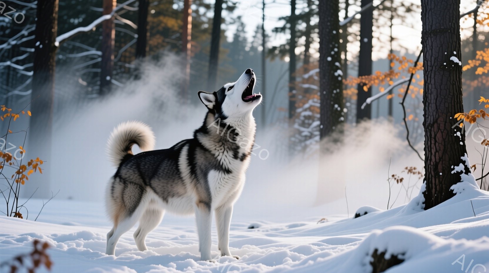 白い雪の上に立つシベリアンハスキーが、口を開けて遠吠えをしています。背景には霧がかかった冬の森が広がり、木々がぼんやりと見えます。全体的に、静寂な冬の森の中で、力強く生きる犬の姿が印象的な写真です。