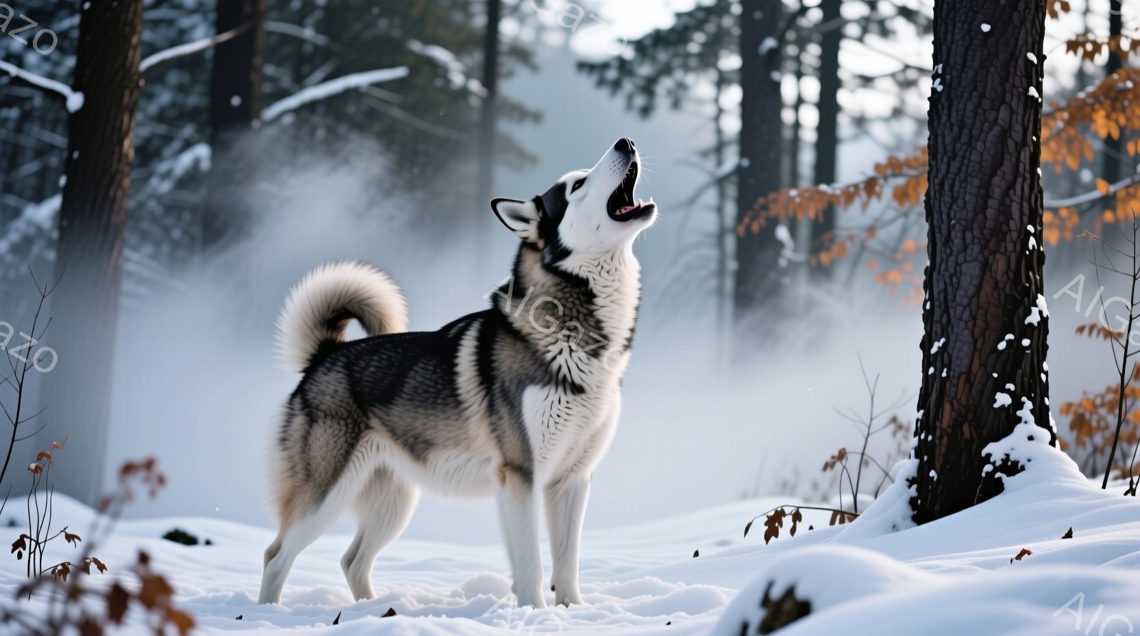 雪に覆われた森の中で、シベリアンハスキーが口を開けて遠吠えをしています。白と黒の毛並みが美しく、凛々しい表情と力強い姿勢が印象的です。背景には雪で覆われた木々が立ち並び、冷たく静謐な冬の雰囲気が漂って - AI生成フリー素材