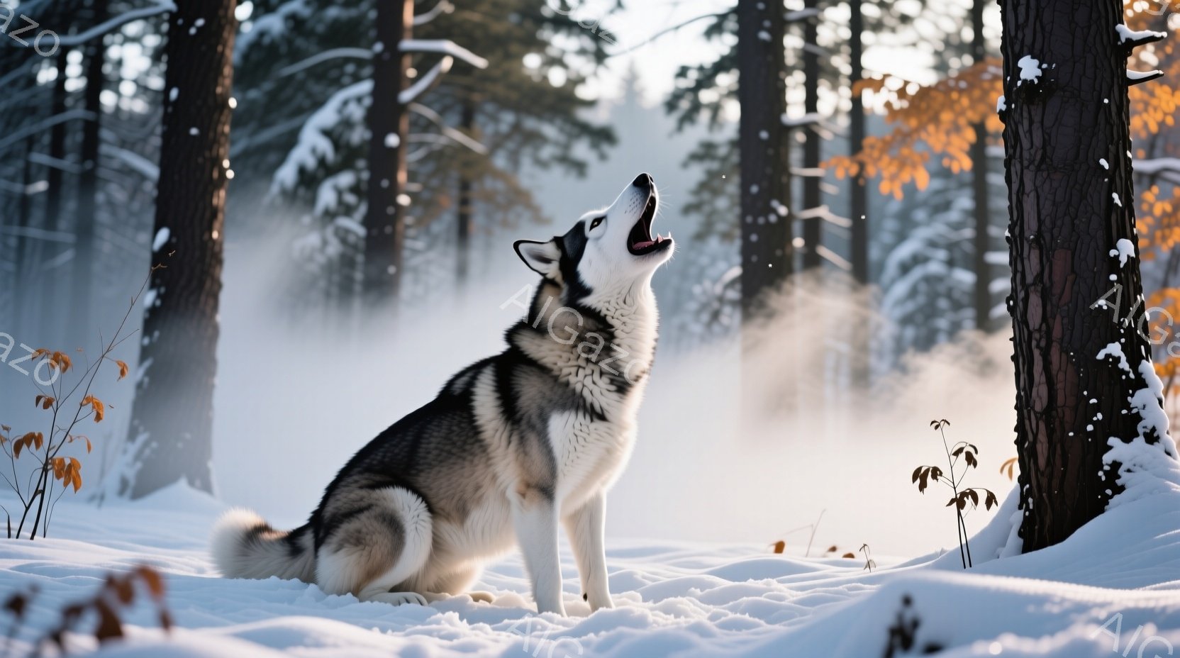 シベリアンハスキーが雪景色の中で、口を開けて遠吠えをしています。周囲は雪に覆われた森林で、木々の間から光が差し込み、白い息が漂っています。全体的に静かで冷たい冬の雰囲気が漂い、ハスキーの力強さと野生味 - AI生成フリー素材