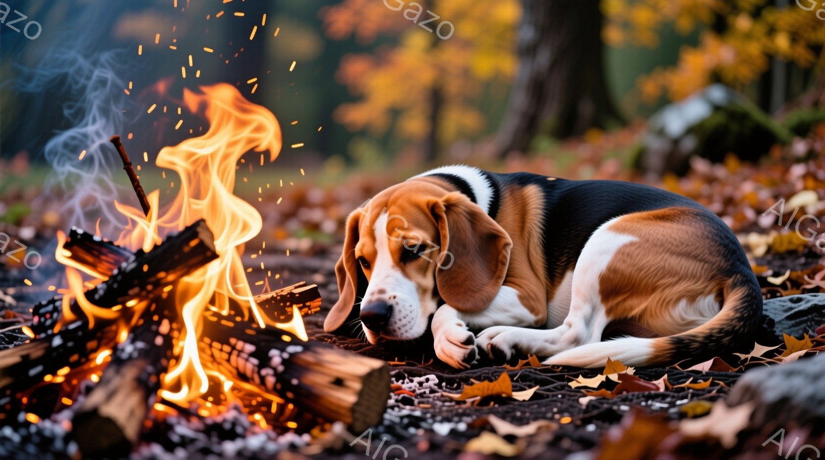 秋の落ち葉の上に、ビーグル犬が横たわっています。犬は落ち着いた表情で、暖炉のそばでくつろいでいるようです。背景には木々が見え、暖かく、穏やかな秋の雰囲気が漂っています。 - AI生成フリー素材