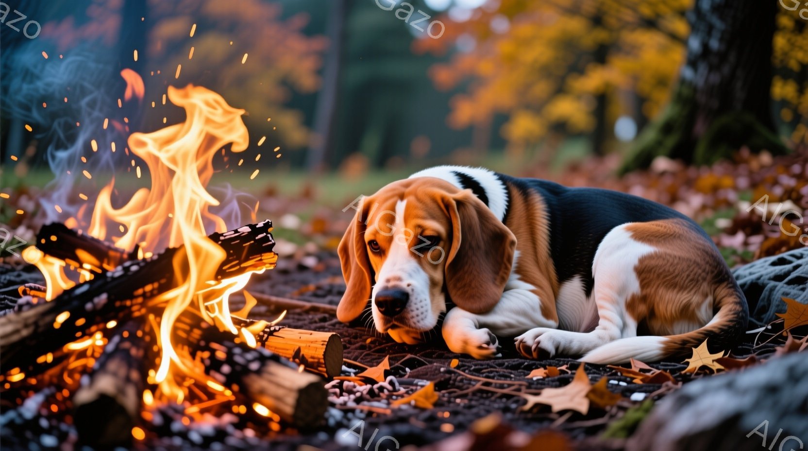 ビーグル犬が落ち葉と燃え盛る薪のそばに横たわっている。犬は落ち着いた表情で、片方の前足を伸ばしてリラックスした姿勢を見せている。背景は秋の森で、鮮やかな紅葉と落ち葉が広がり、暖かく穏やかな雰囲気を醸し - AI生成フリー素材