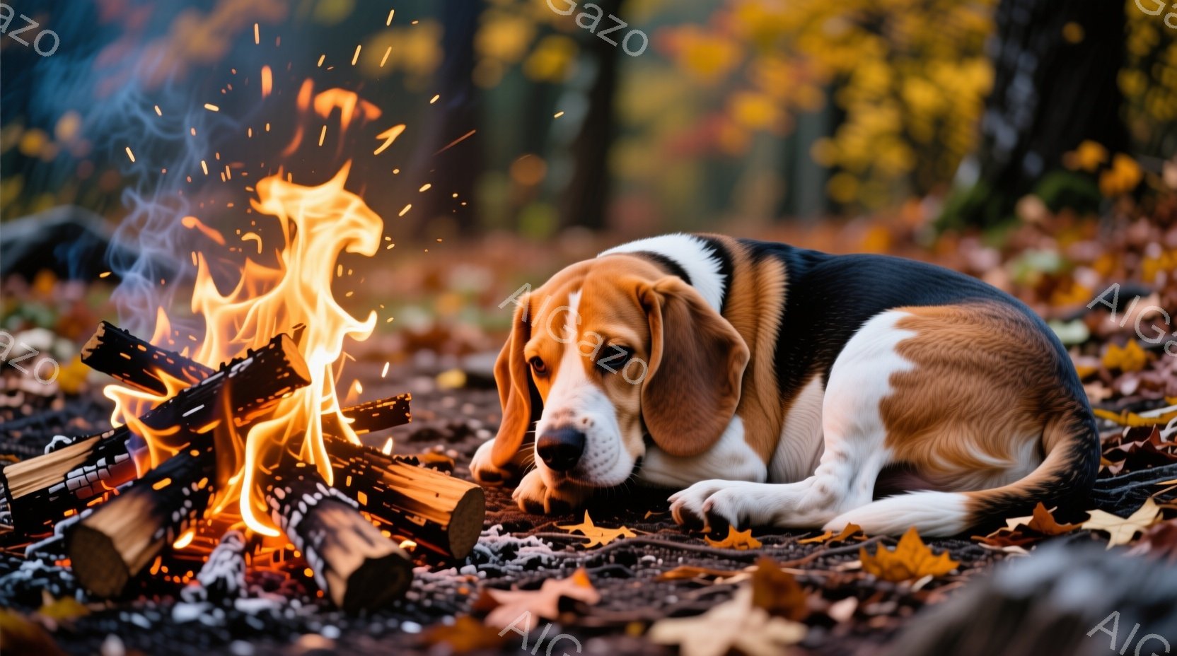 赤茶色のビーグル犬が、落ち葉の上に横たわっており、目の前には燃え盛る薪の火があります。犬は少し憂いを帯びた表情で、まるで火を見つめているようです。背景は秋の森林で、落ち葉が敷き詰められ、暖色系の色彩が - AI生成フリー素材