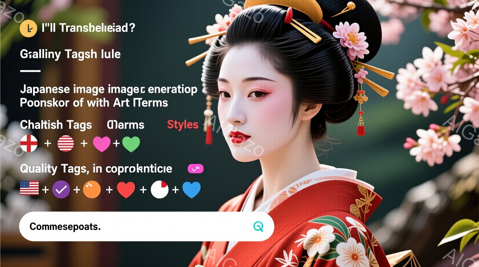 鮮やかな赤い着物を着た女性が描かれています。髪は複雑に結い上げられ、鮮やかな色の花飾りと金の櫛が施されています。背景にはぼやけた庭園と建物があり、春の穏やかな雰囲気が漂っています。 - AI生成フリー素材