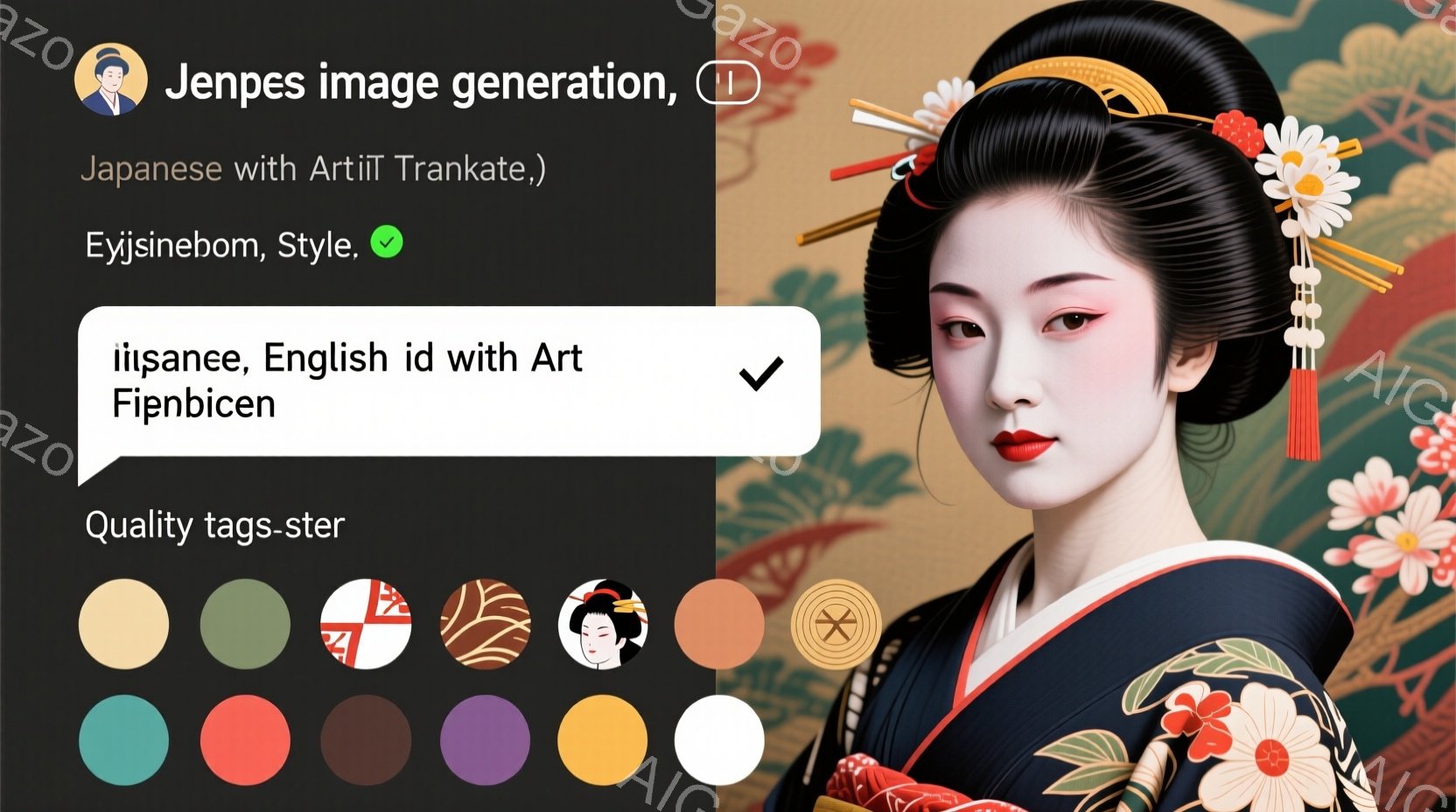 黒地に牡丹や菊などの華やかな模様が描かれた着物を着た女性が描かれています。髪は高髢に結い上げられ、簪や櫛で飾り立てられ、顔立ちは美しく、憂いを帯びた表情をしています。背景には、鮮やかな花々が咲き乱れ、 - AI生成フリー素材