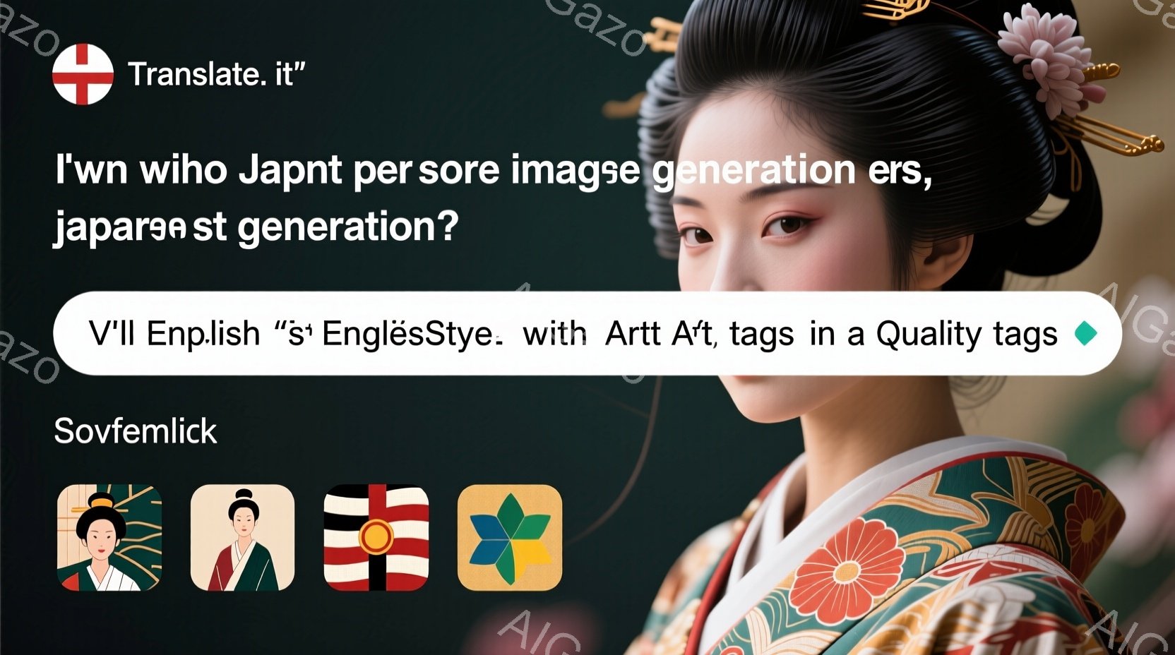 着物を着た女性が写っており、明るい色彩の華やかな衣装を身に着けている。髪型は伝統的な日本髪で、かんざしが飾られており、表情は落ち着いていて上品である。背景はぼやけており、衣装の鮮やかさが際立っている。 - AI生成フリー素材