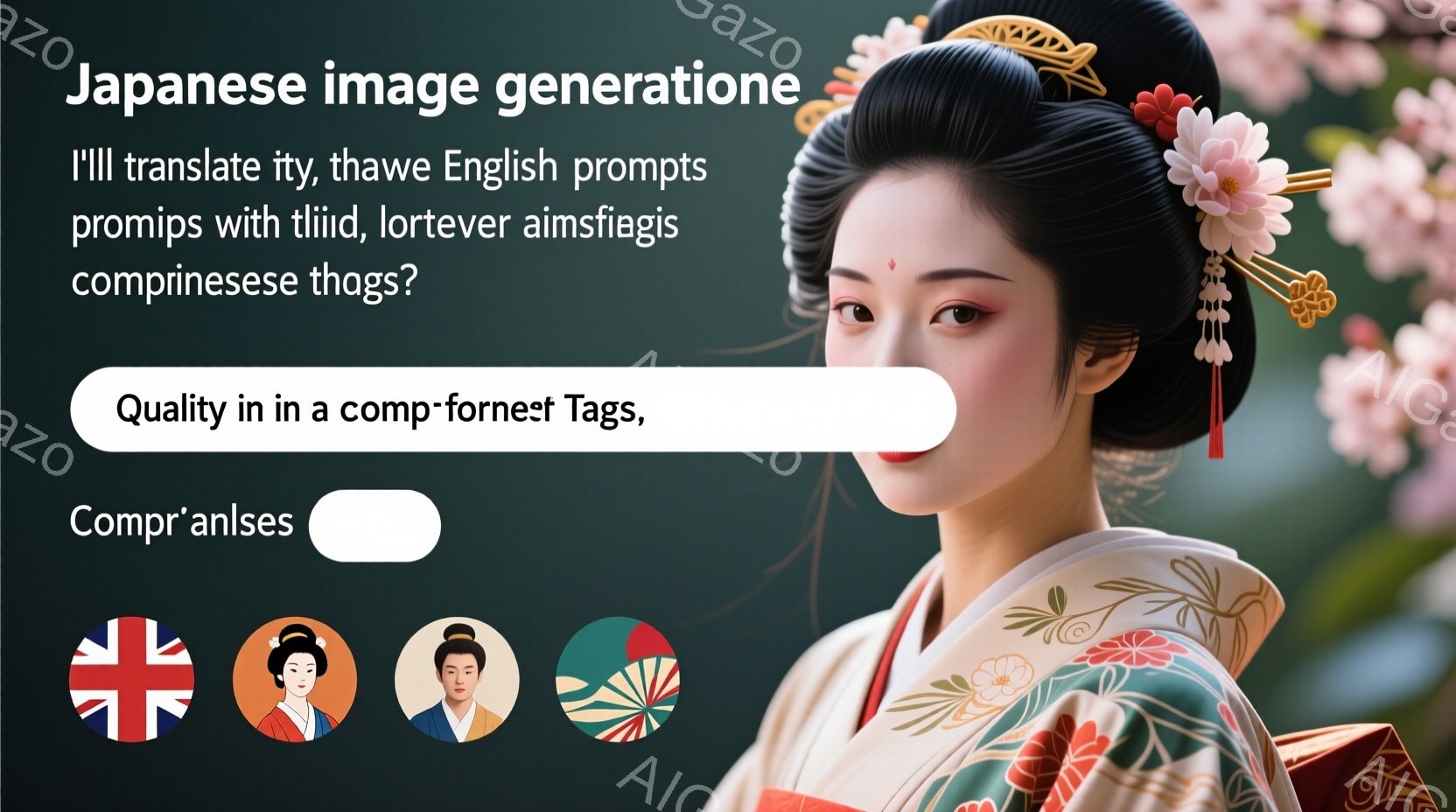 鮮やかな着物を身にまとった女性が描かれています。黒髪は精巧な髪飾りでまとめられ、上品な表情を浮かべています。背景にはぼやけた庭園が見え、落ち着いた、優雅な雰囲気が漂っています。 - AI生成フリー素材