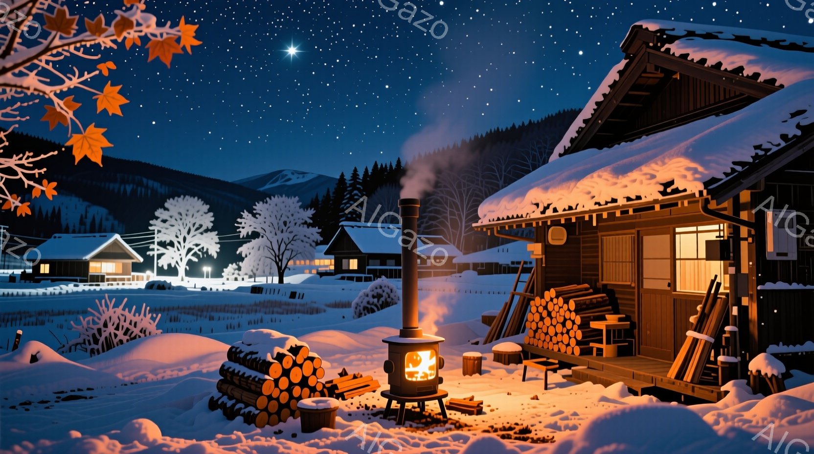 雪深い夜、暖炉の火が灯った木造の家が印象的です。家々の窓からは温かい光が漏れ、雪景色と対照的で、静かで穏やかな雰囲気が漂っています。遠くには雪をまとった山々が連なり、星空の下、冬の夜の暖かさを感じさせます。