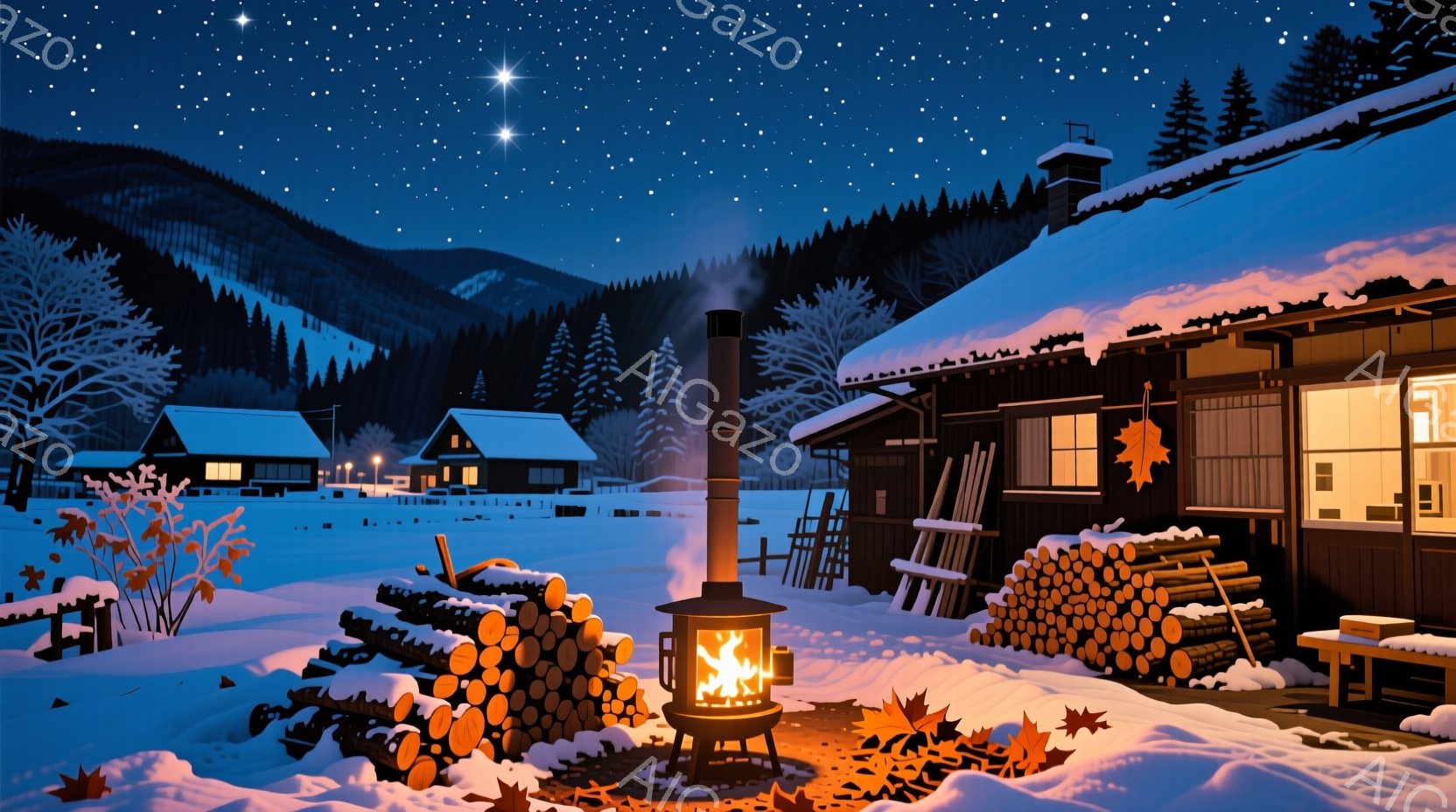 降雪の夜、雪に覆われた静かな村が描かれている。暖炉から立ち上る煙と、暖炉の周りに積まれた薪が、寒空の下で温もりを添えている。背景には雪を抱いた山々と、窓から漏れる優しい光が、安らぎのある冬の風景を作り - AI生成フリー素材