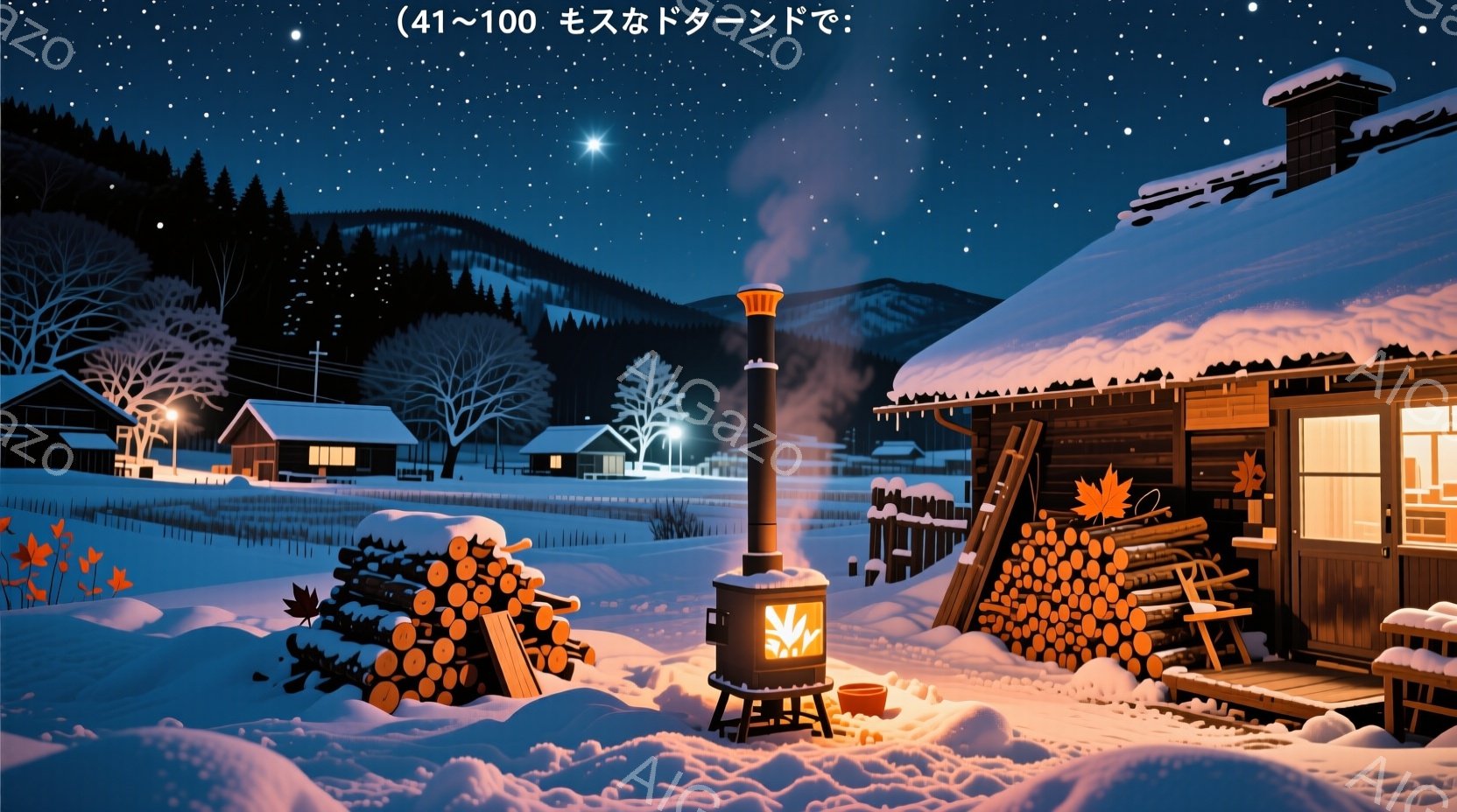 雪深い夜の風景で、木造の家屋がいくつか建っている。家の前には薪が積み上げられ、暖炉から立ち上る煙が夜空に溶け込んでいる。背景には雪に覆われた丘や木々が連なり、静寂で温かい雰囲気を醸し出している。 - AI生成フリー素材