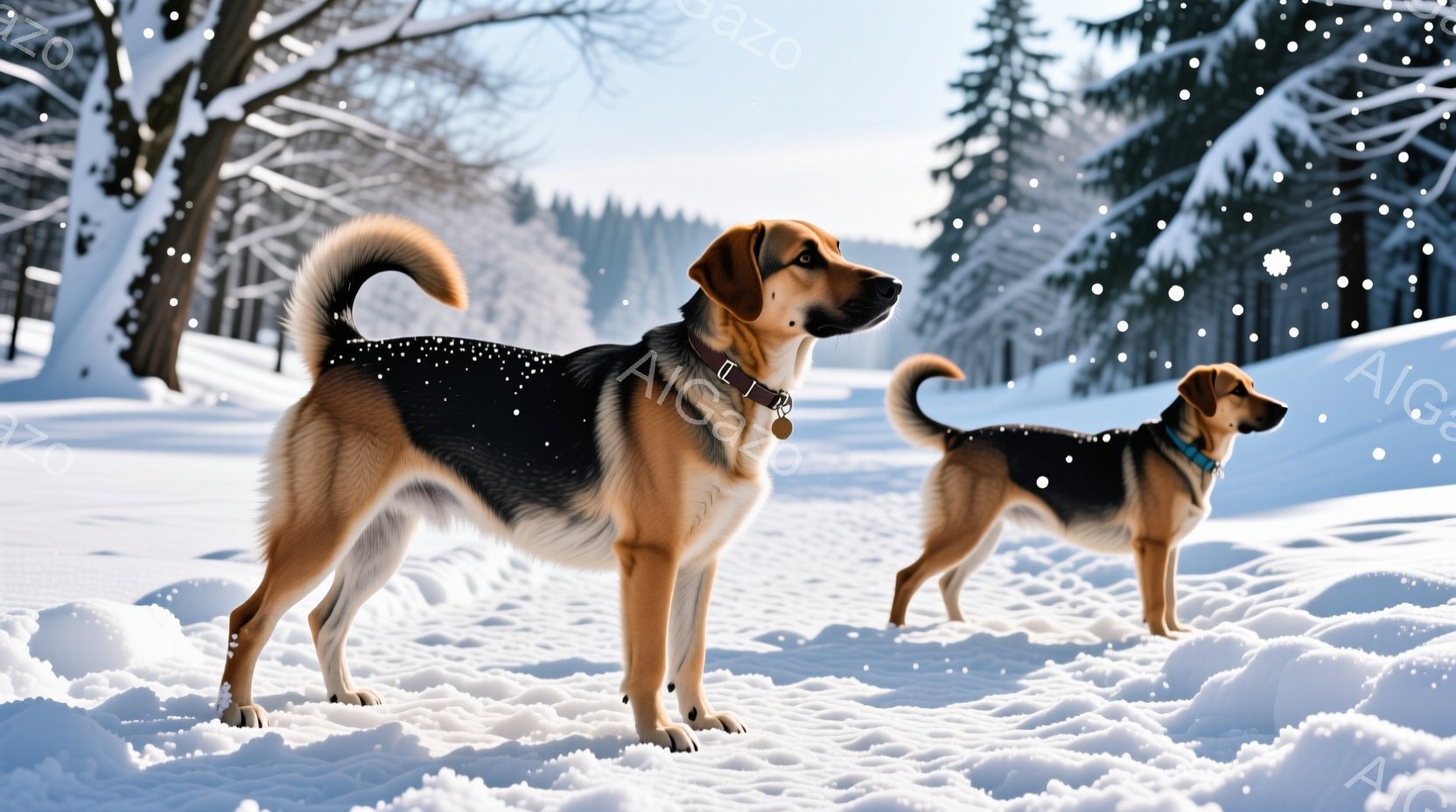 雪景色の中に二匹の犬が並んで立っています。茶色と黒の毛並みを持つ犬たちは、首輪を付けており、遠くを見つめる真剣な表情をしています。背景には雪に覆われた木々と、ぼんやりとした冬の風景が広がっており、静か - AI生成フリー素材